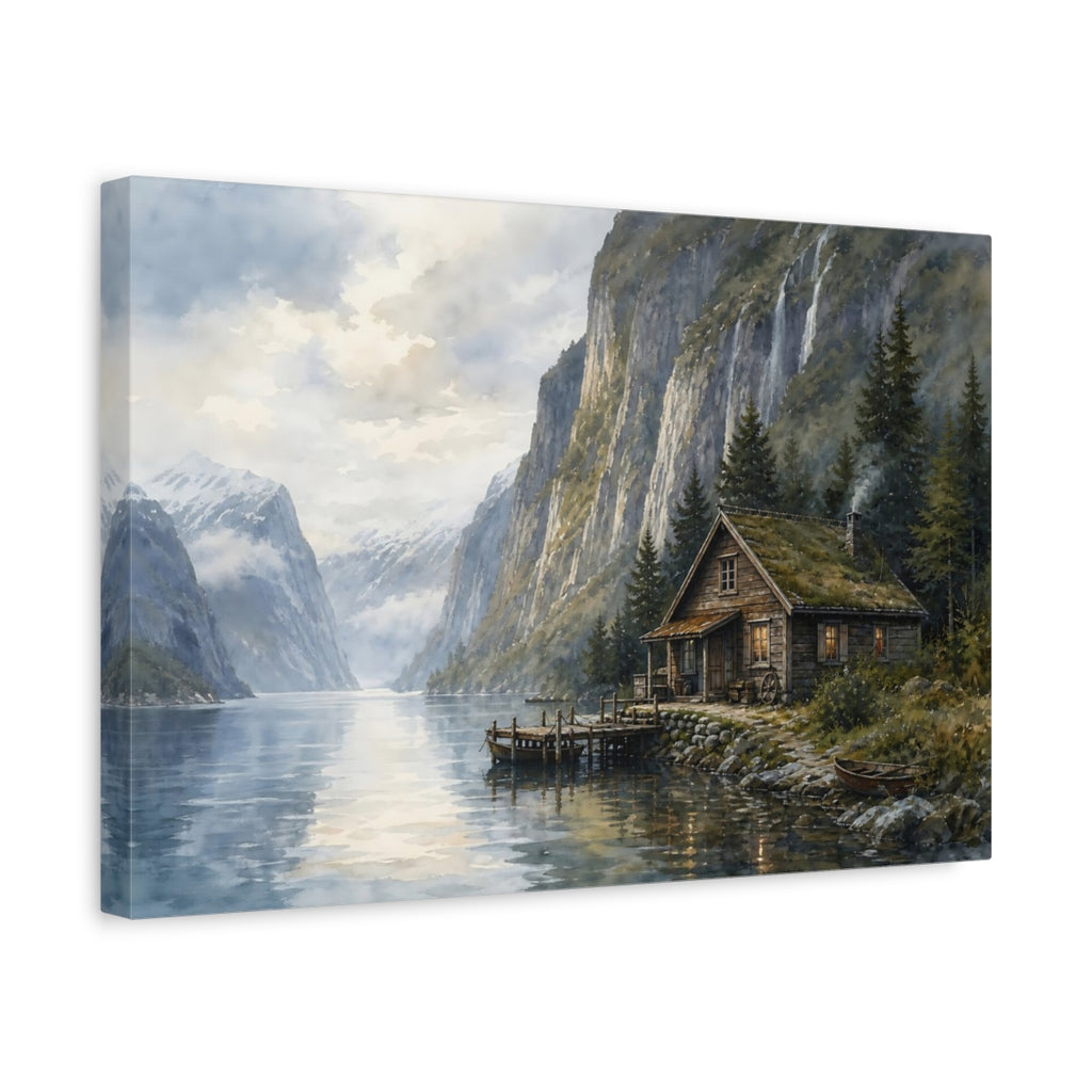 Side Mockup 4. Nature Fjord Cabin Fjord Landscape shown as canvas print