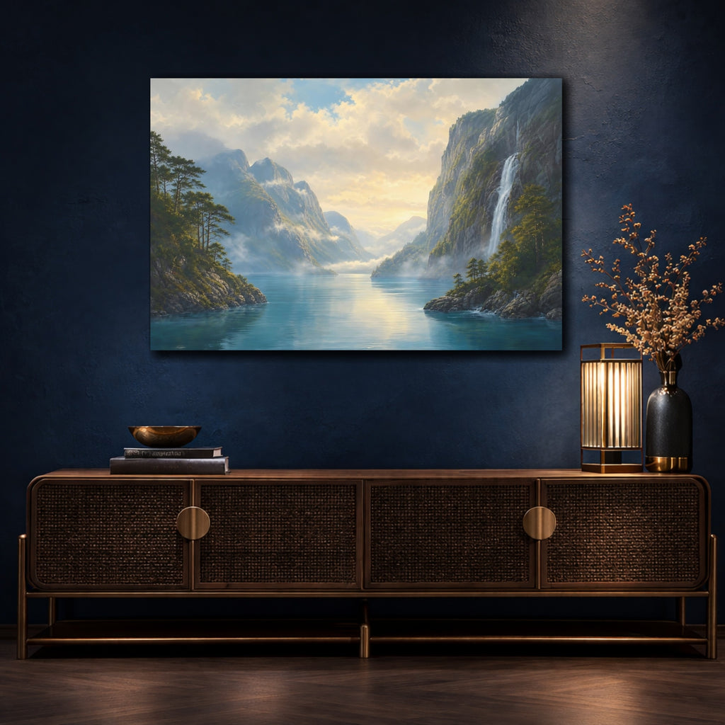 Mockup 4. Nature Fjord Landscape Blue Fjord Landscape shown as canvas print