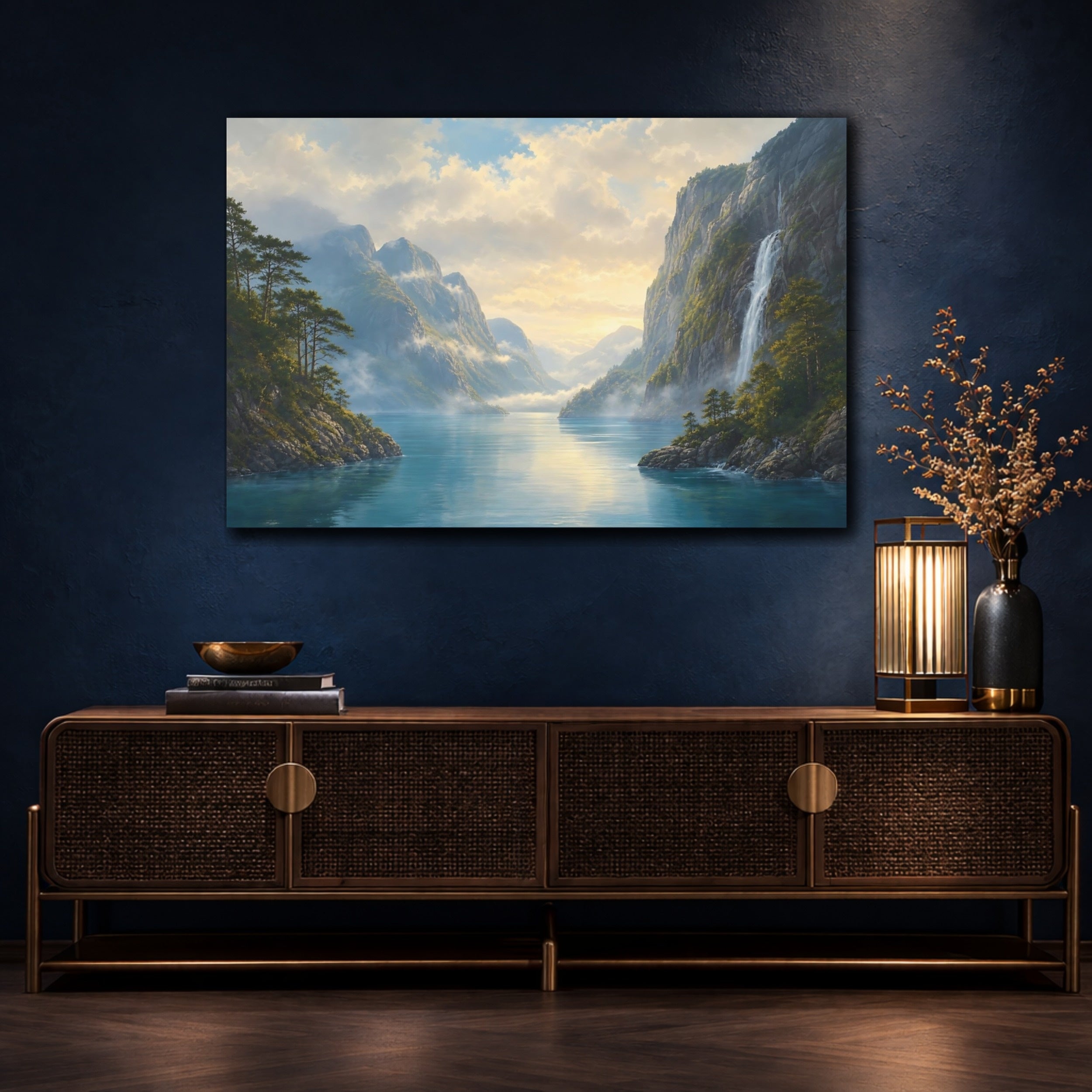 Mockup 4. Nature Fjord Landscape Blue Fjord Landscape shown as canvas print