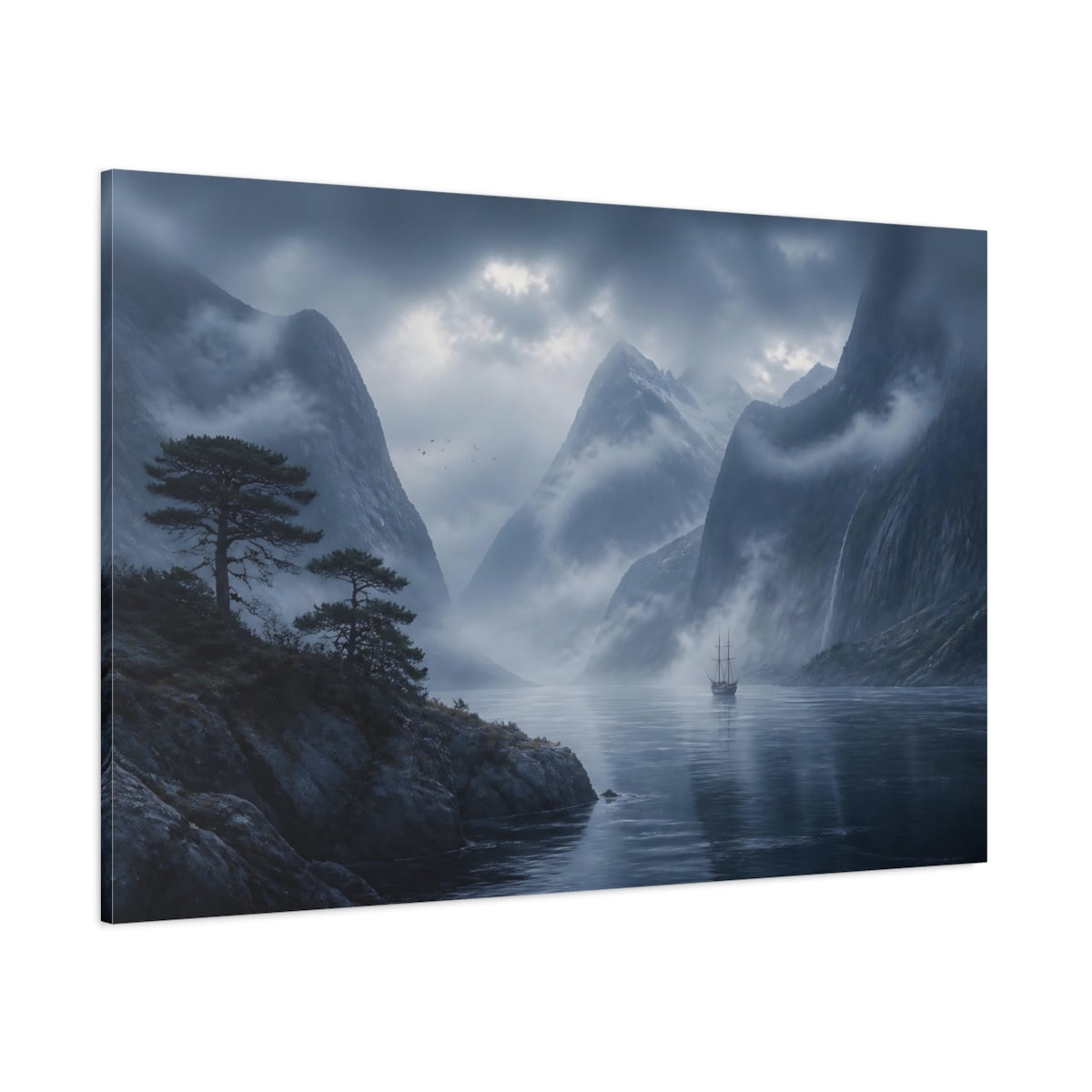Side Mockup 1. Nature Fjord Ship Misty Fjord shown as stretched canvas wall art