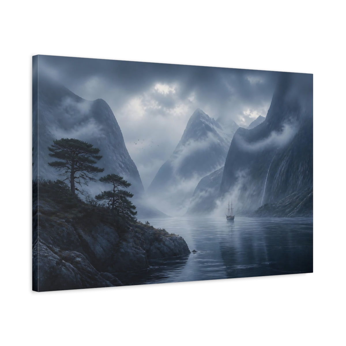 Side Mockup 2. Nature Fjord Ship Misty Fjord shown as stretched canvas wall art