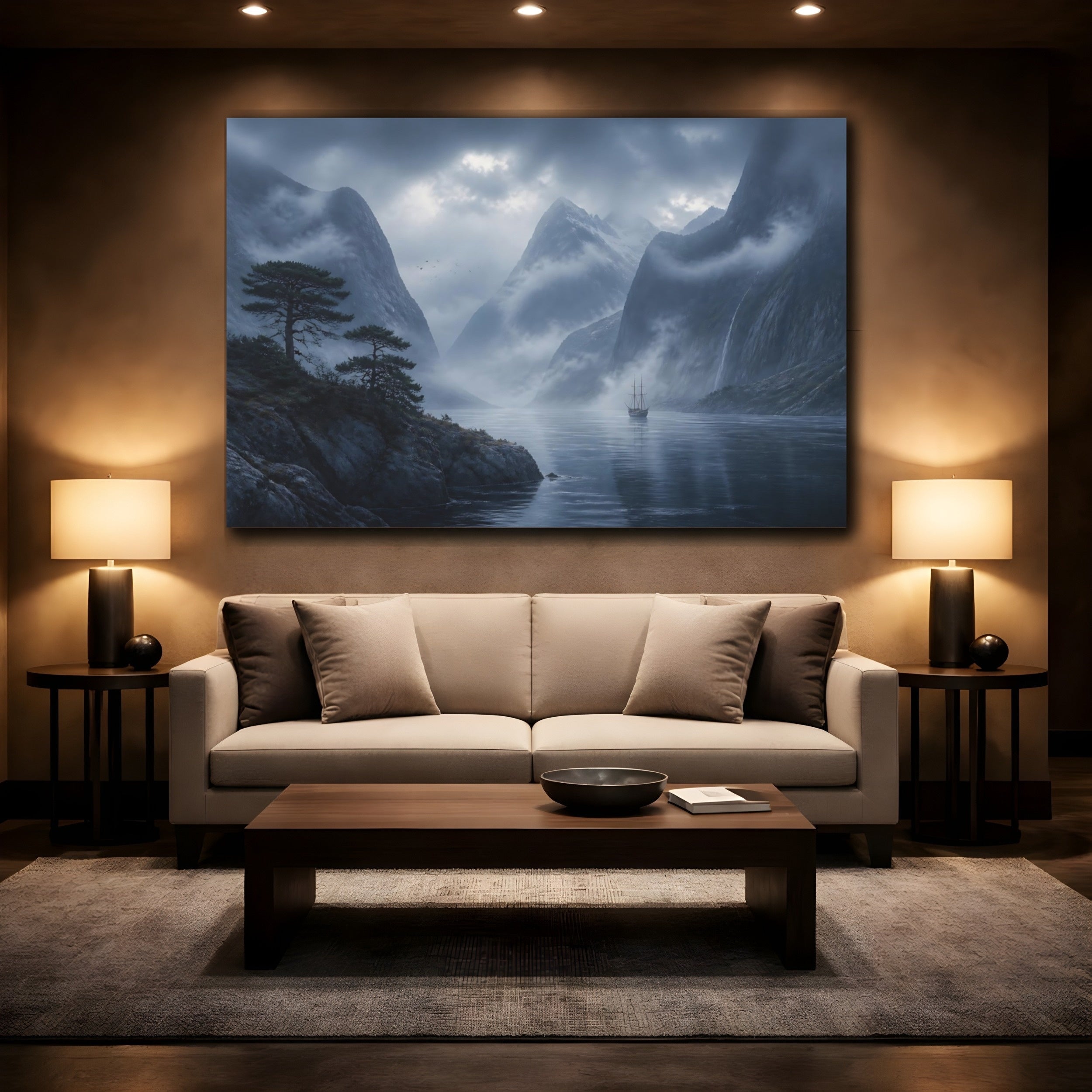 Mockup 2. Nature Fjord Ship Misty Fjord shown as stretched canvas wall art