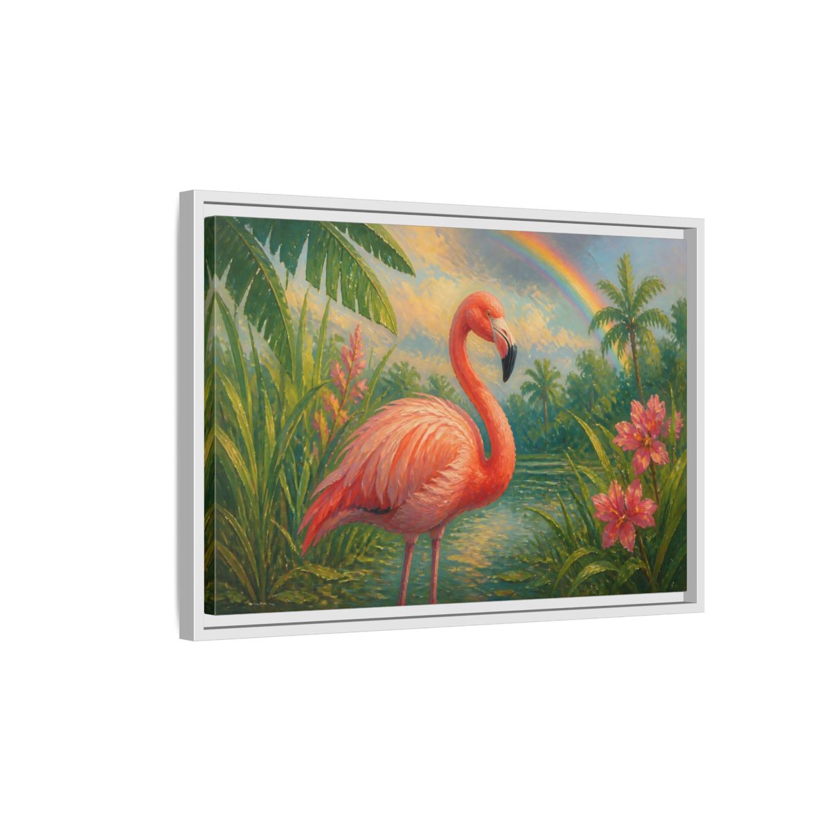 Side Mockup 1. Nature Flamingo Pink Flamingo shown as stretched canvas wall art