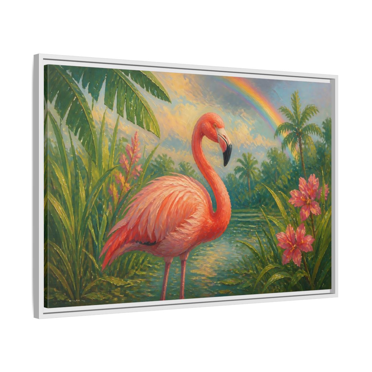 Side Mockup 9. Nature Flamingo Pink Flamingo shown as stretched canvas wall art
