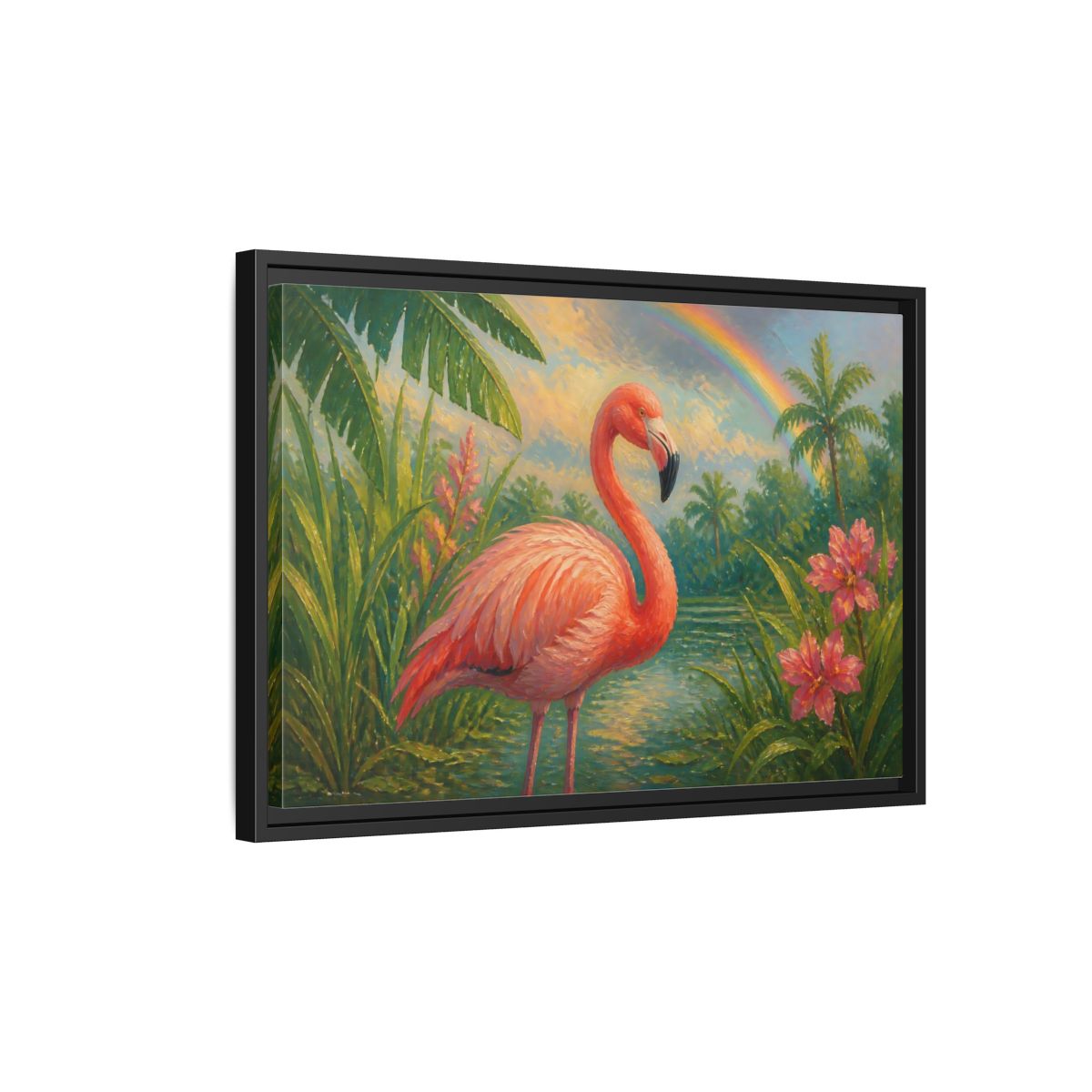 Side Mockup 3. Nature Flamingo Pink Flamingo shown as stretched canvas wall art