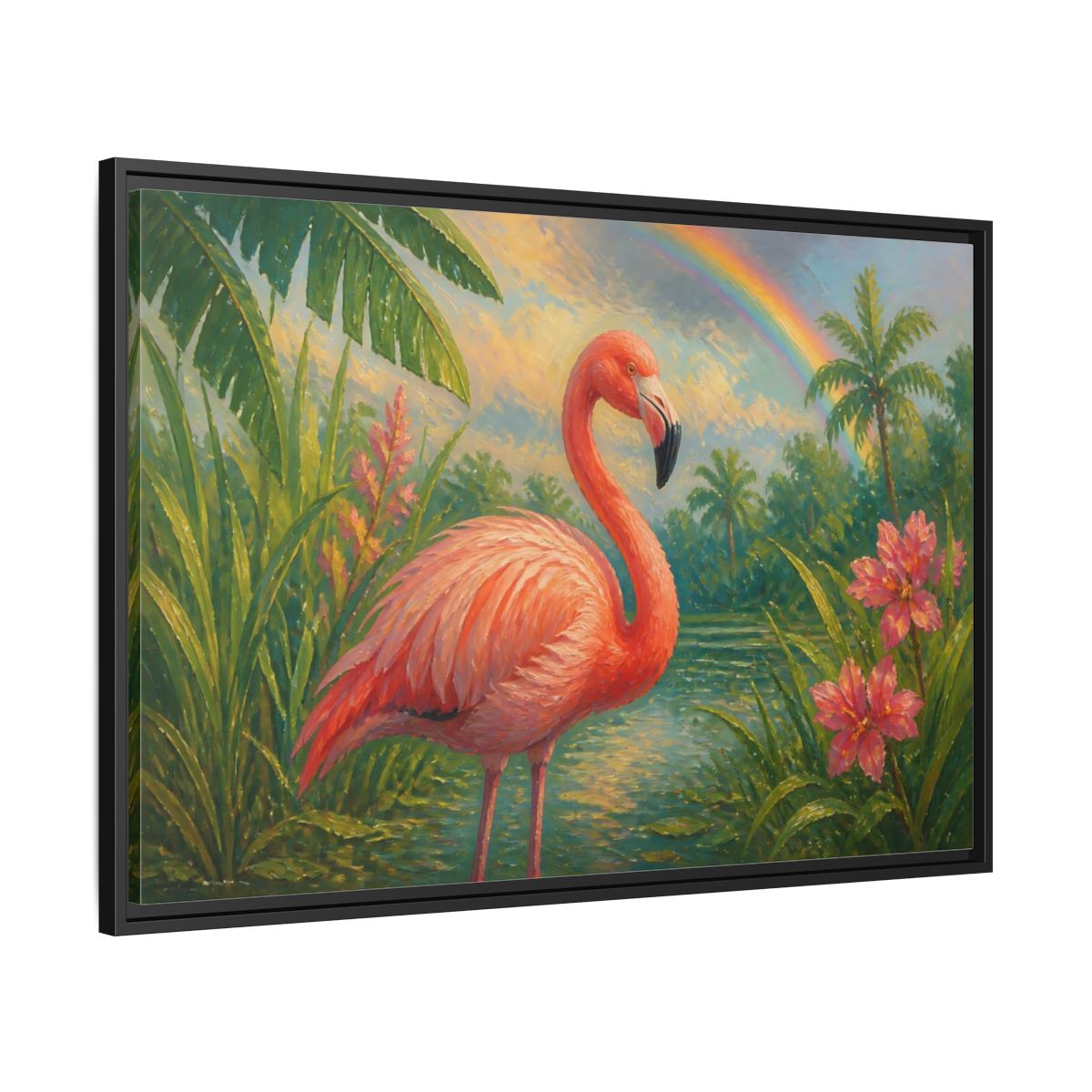 Side Mockup 13. Nature Flamingo Pink Flamingo shown as stretched canvas wall art