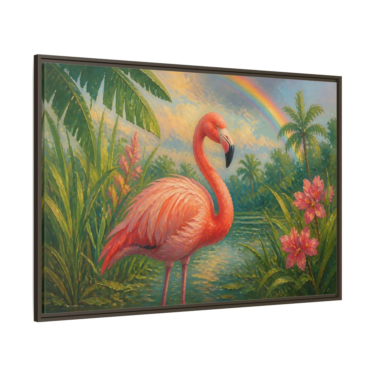 Side Mockup 8. Nature Flamingo Pink Flamingo shown as stretched canvas wall art