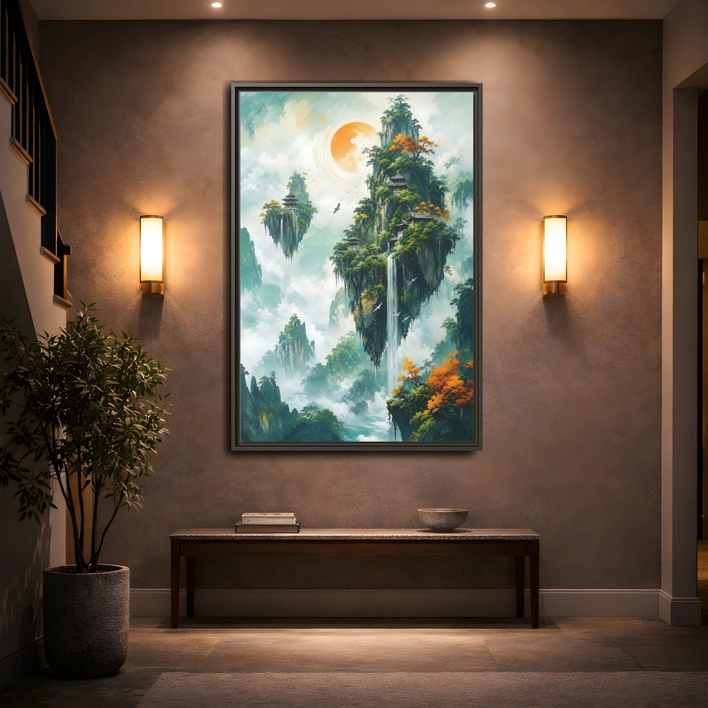 Mockup 2. Nature Floating Islands Fantasy Landscape shown as stretched canvas wall art