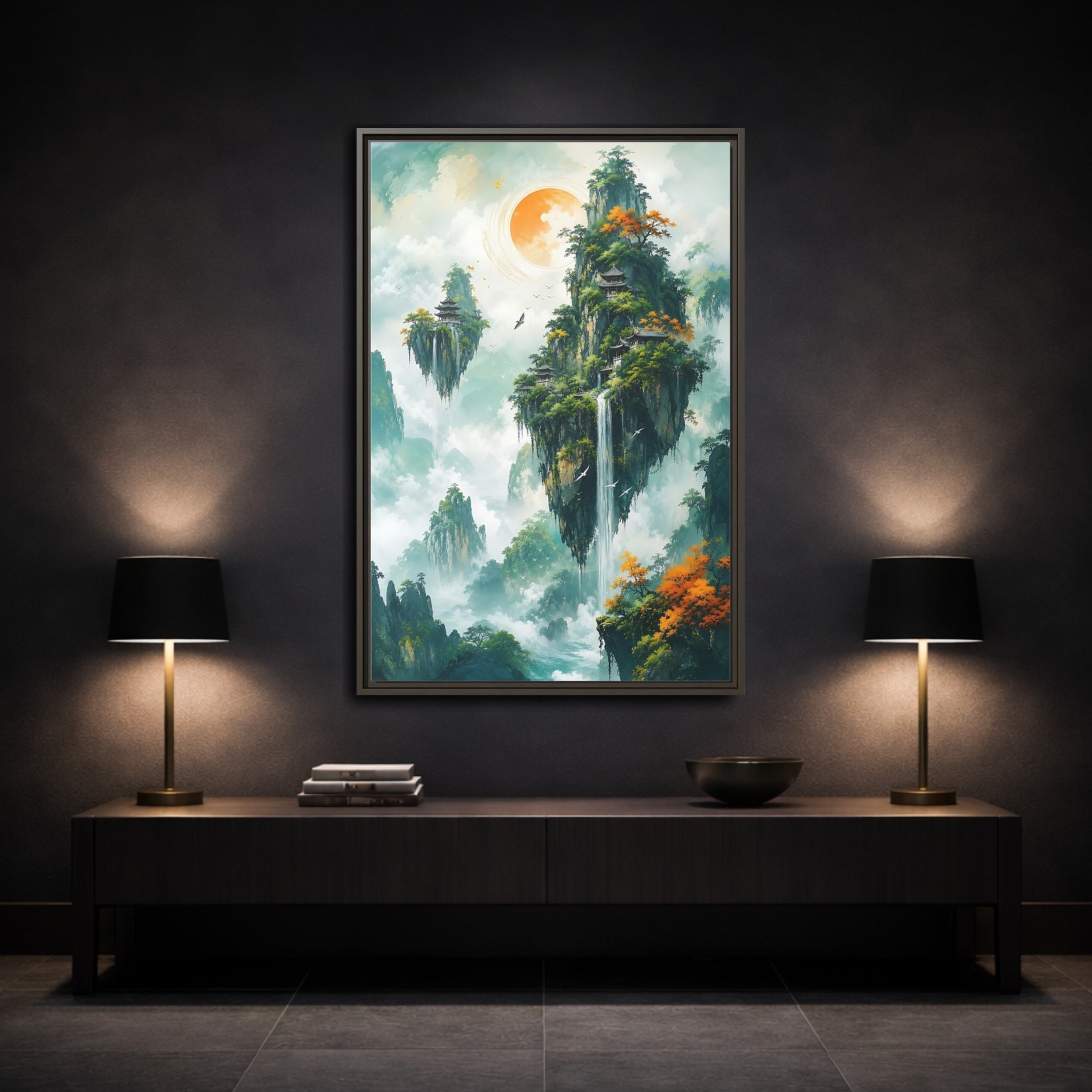 Mockup 3. Nature Floating Islands Fantasy Landscape shown as stretched canvas wall art