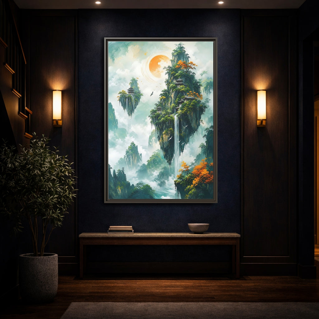 Mockup 4. Nature Floating Islands Fantasy Landscape shown as stretched canvas wall art