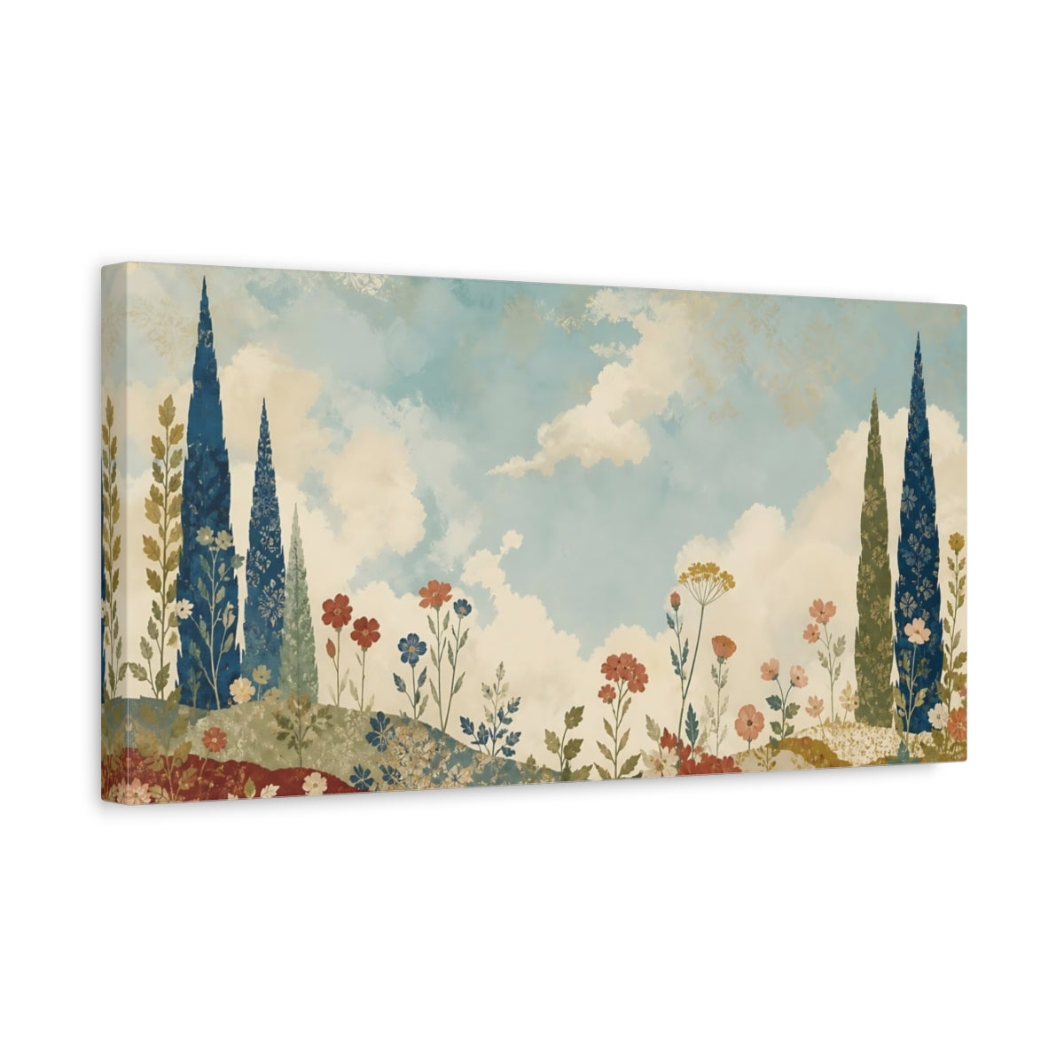 Side Mockup 3. Nature Floral Landscape Blue And Red Floral shown as stretched canvas wall art