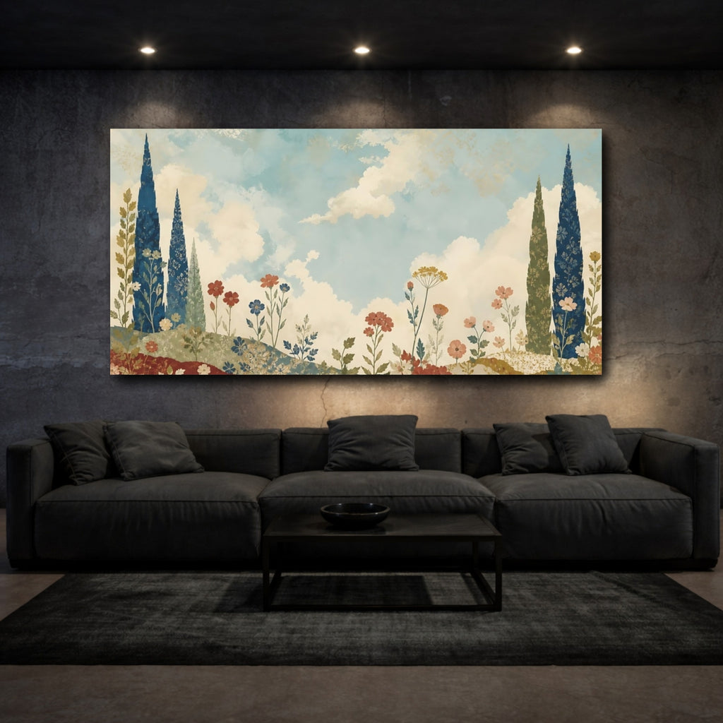 Mockup 3. Nature Floral Landscape Blue And Red Floral shown as stretched canvas wall art
