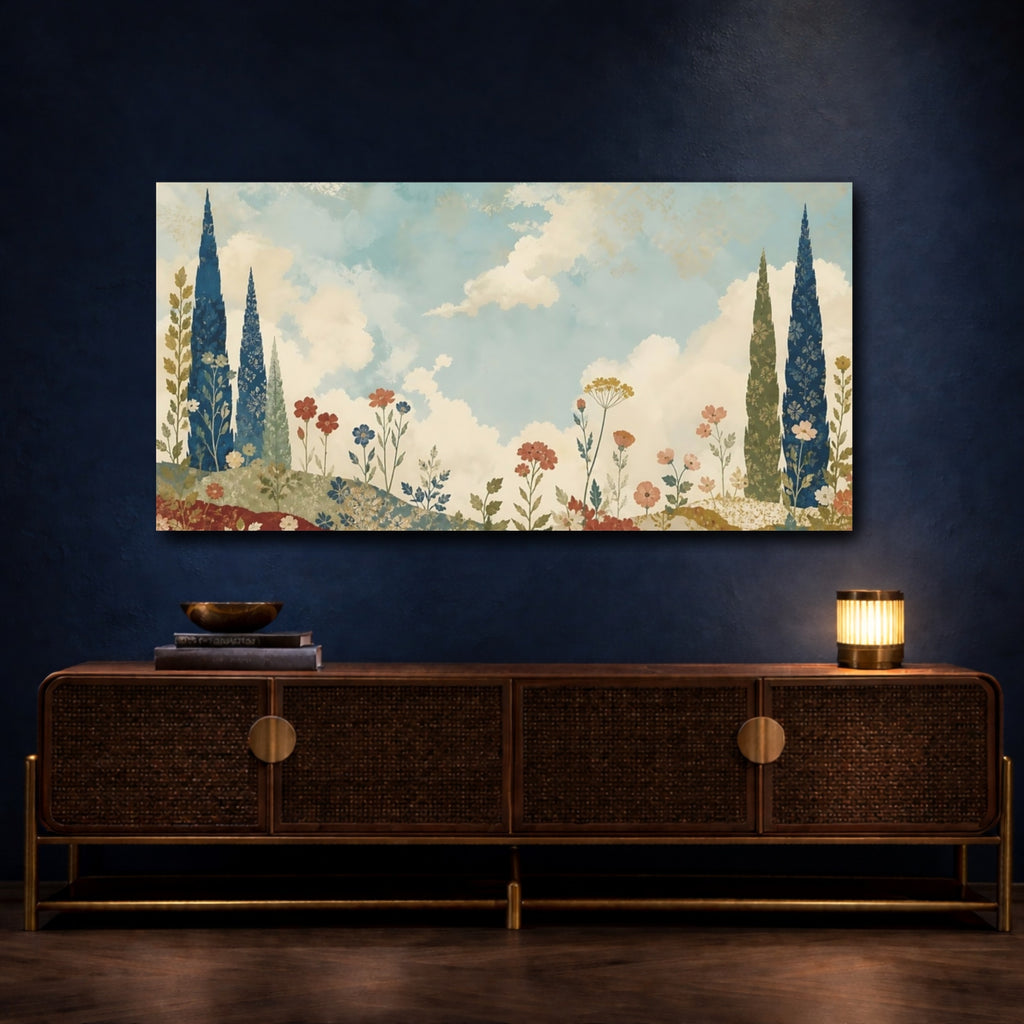 Mockup 4. Nature Floral Landscape Blue And Red Floral shown as stretched canvas wall art