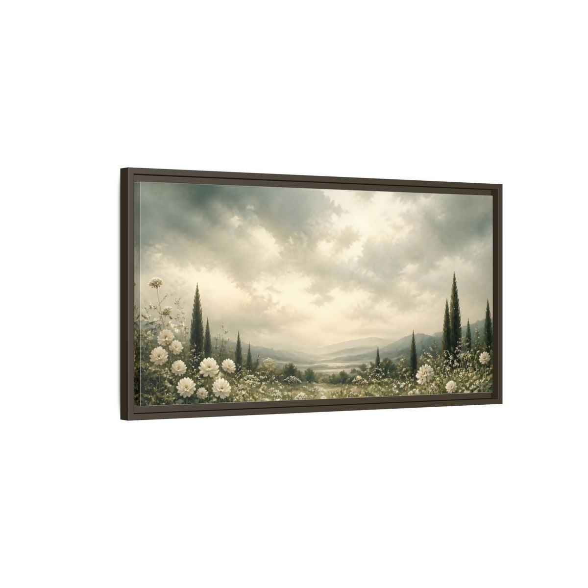 Main Mockup. Nature Flowering Field White Floral Landscape shown as stretched canvas wall art