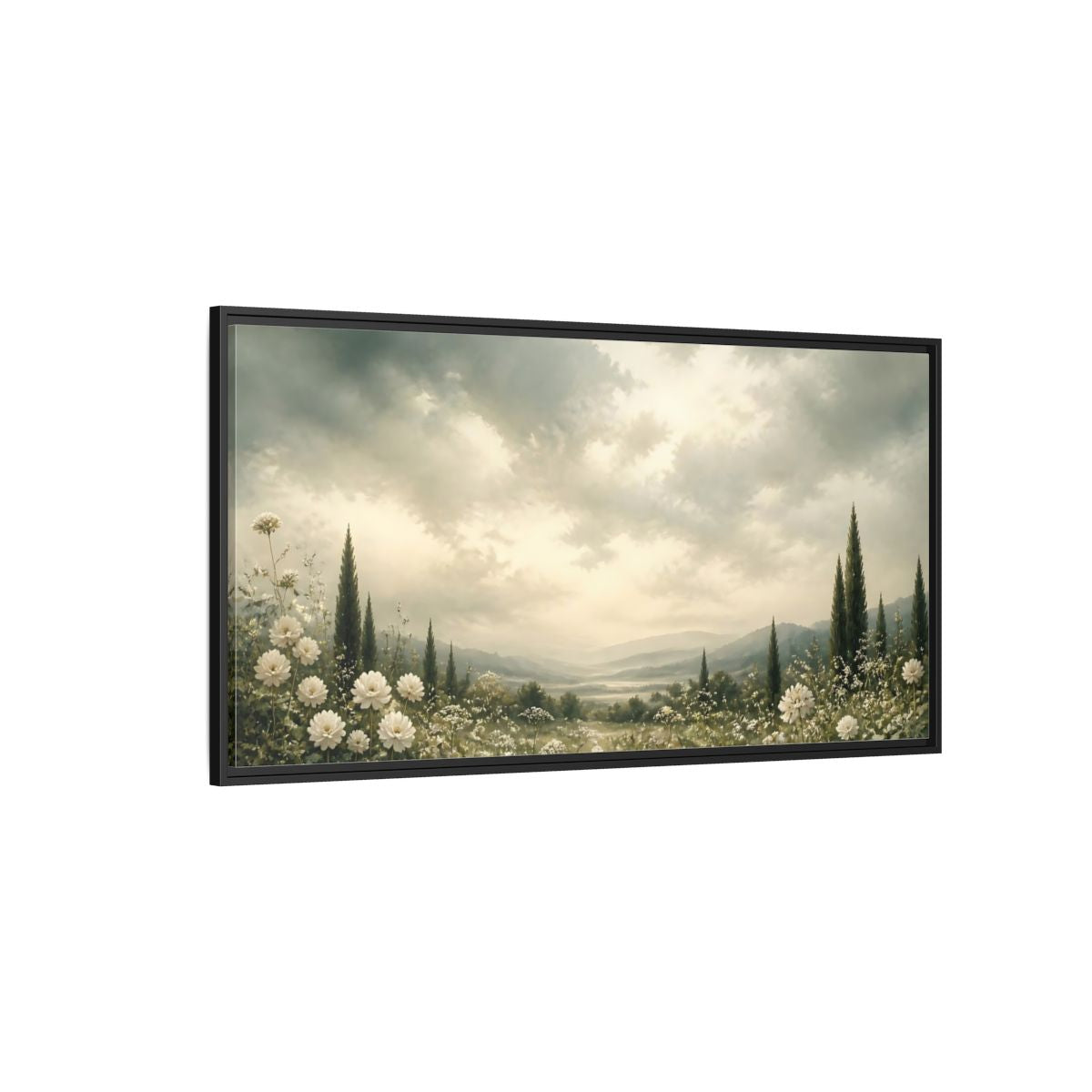 Side Mockup 5. Nature Flowering Field White Floral Landscape shown as stretched canvas wall art