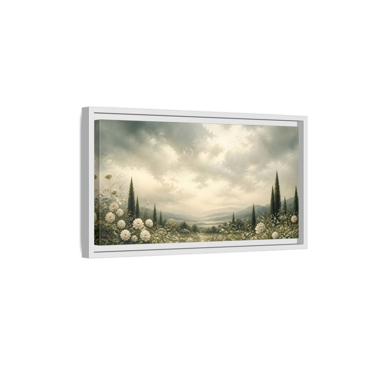 Side Mockup 6. Nature Flowering Field White Floral Landscape shown as stretched canvas wall art
