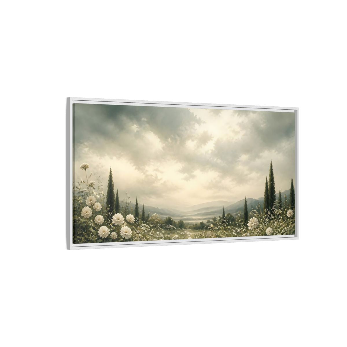 Side Mockup 3. Nature Flowering Field White Floral Landscape shown as stretched canvas wall art