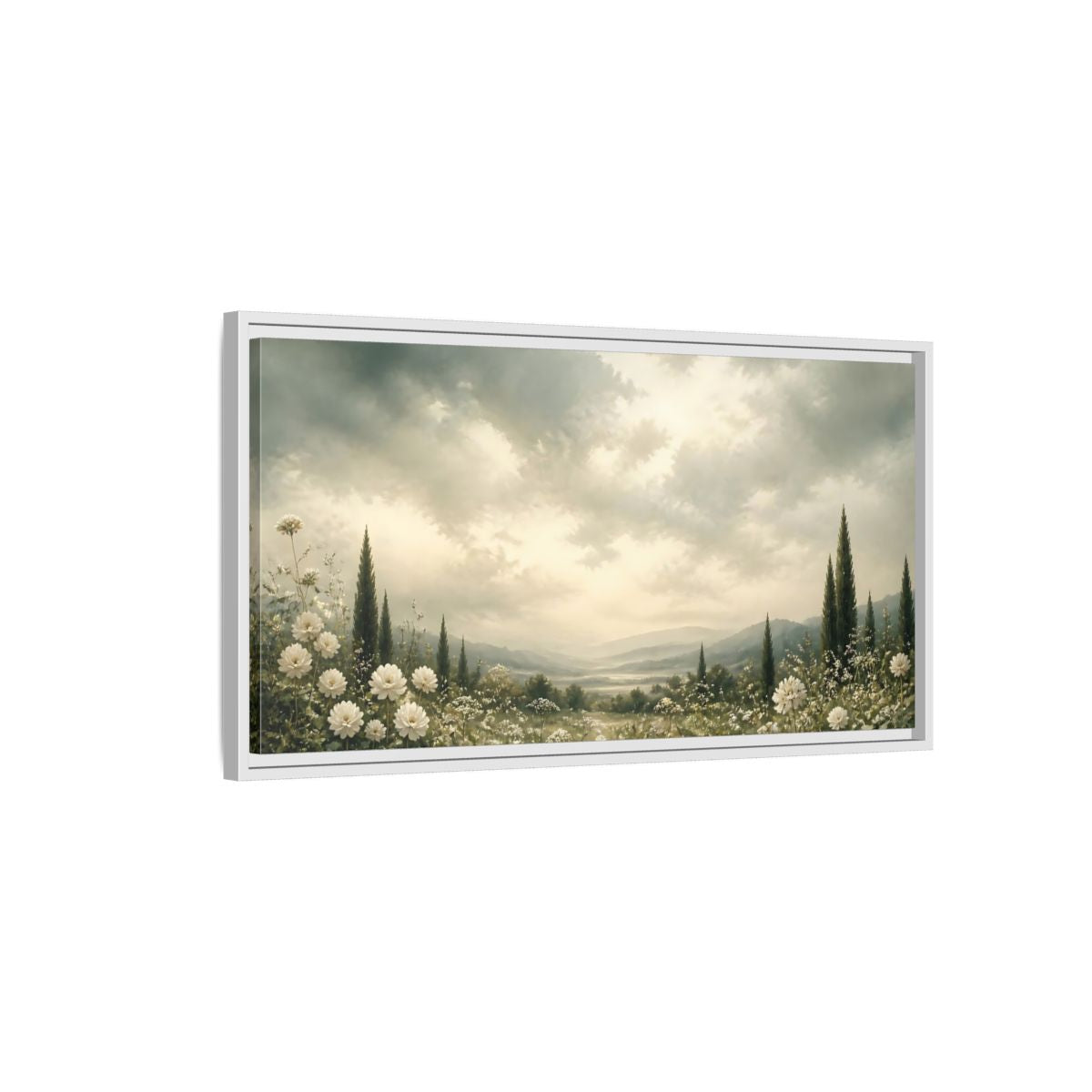 Side Mockup 1. Nature Flowering Field White Floral Landscape shown as stretched canvas wall art