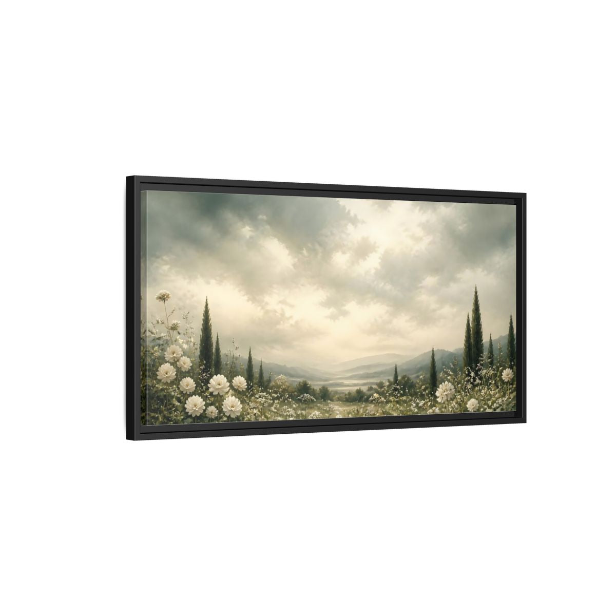 Side Mockup 2. Nature Flowering Field White Floral Landscape shown as stretched canvas wall art