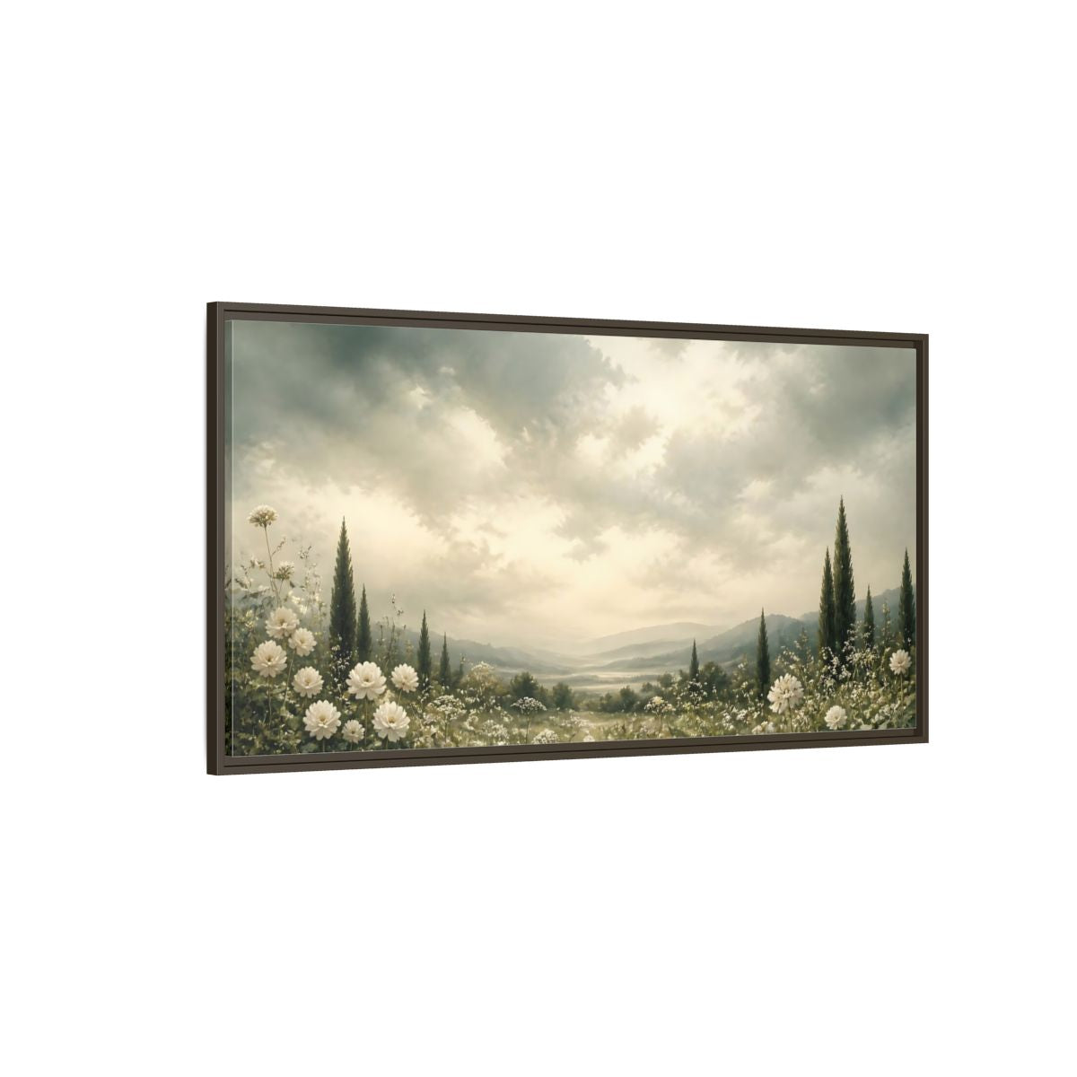 Side Mockup 4. Nature Flowering Field White Floral Landscape shown as stretched canvas wall art