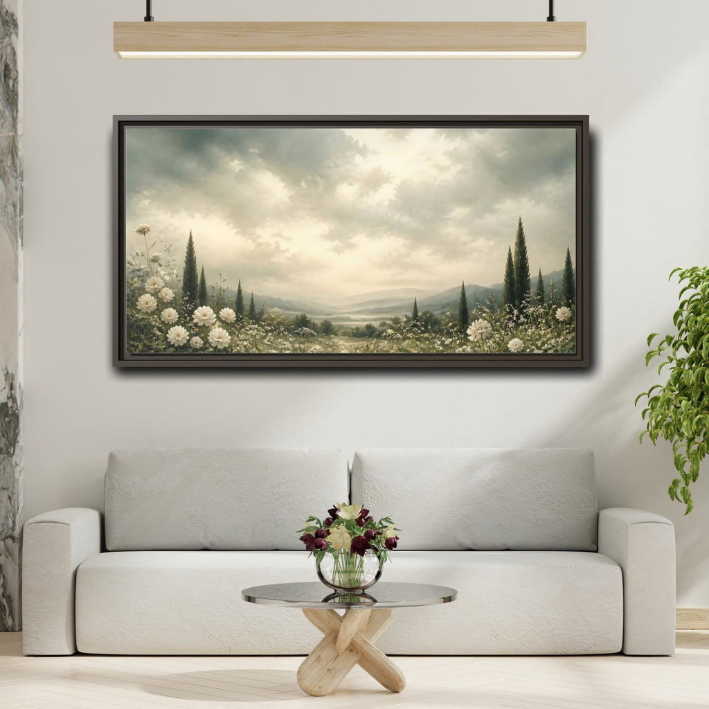 Mockup 2. Nature Flowering Field White Floral Landscape shown as stretched canvas wall art
