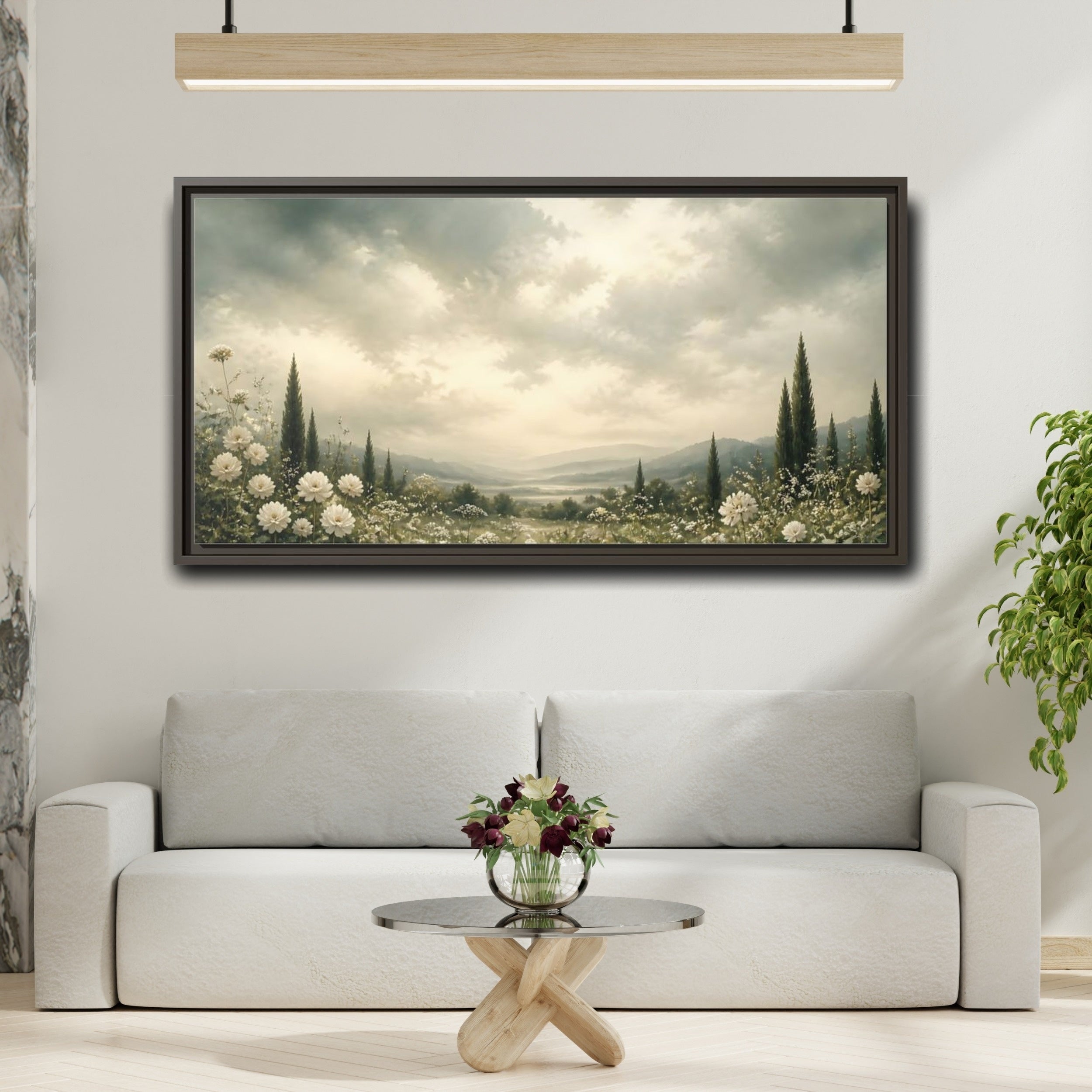 Mockup 2. Nature Flowering Field White Floral Landscape shown as stretched canvas wall art