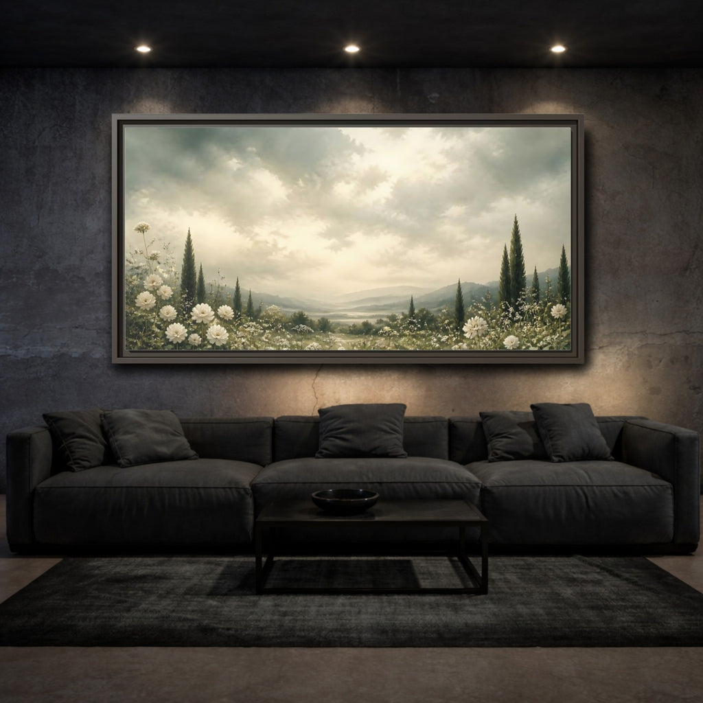 Mockup 3. Nature Flowering Field White Floral Landscape shown as stretched canvas wall art