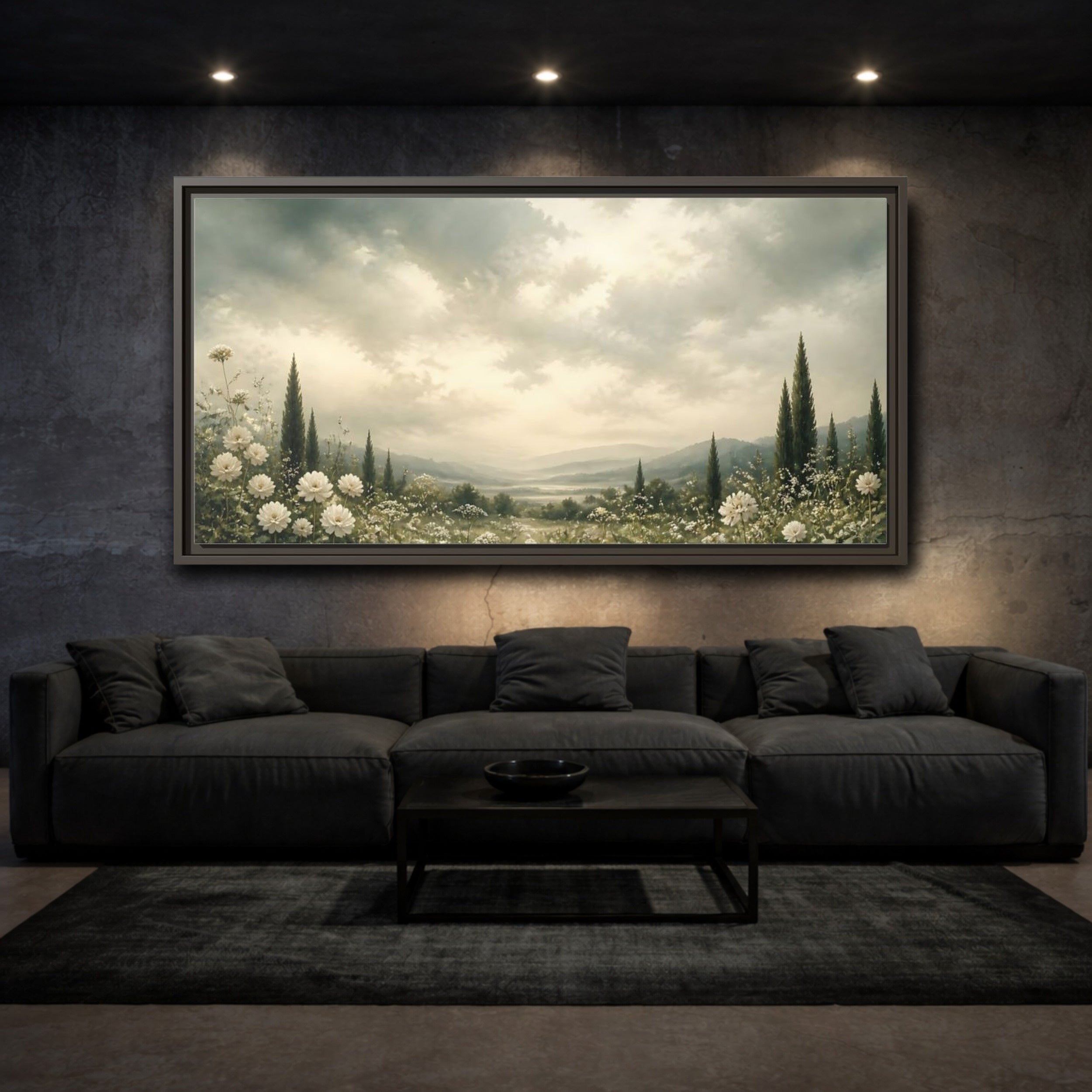 Mockup 3. Nature Flowering Field White Floral Landscape shown as stretched canvas wall art