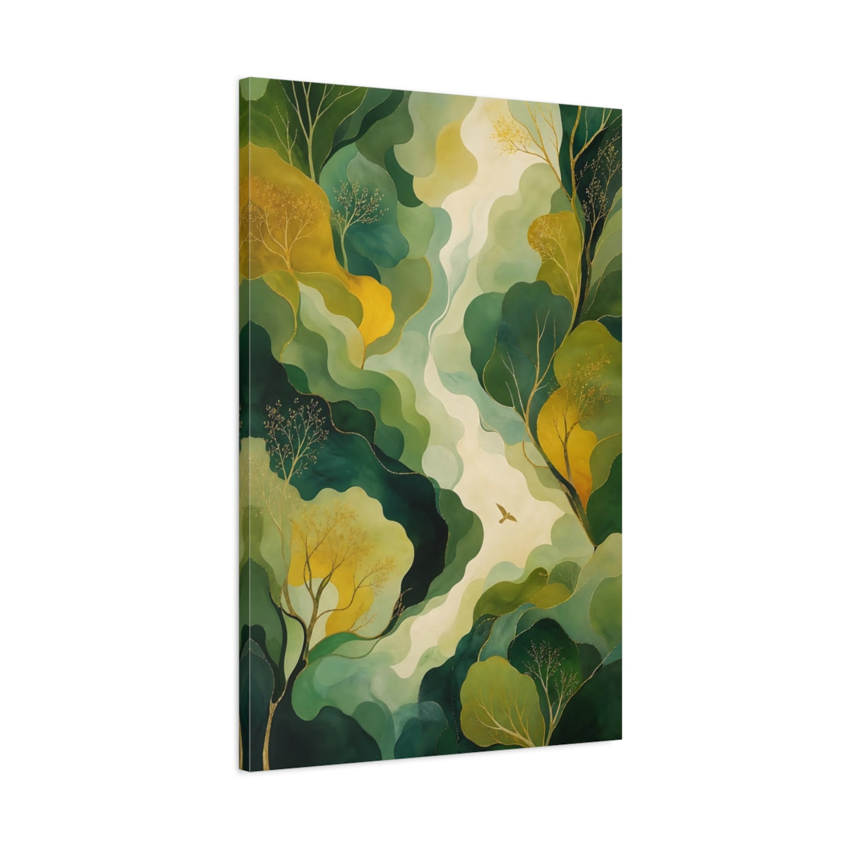 Main Mockup. Nature Forest Bird Green Gold Landscape shown as stretched canvas wall art