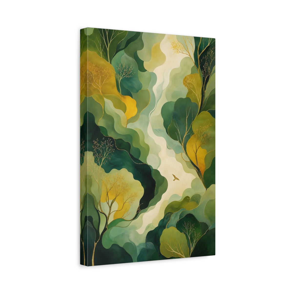 Side Mockup 4. Nature Forest Bird Green Gold Landscape shown as stretched canvas wall art