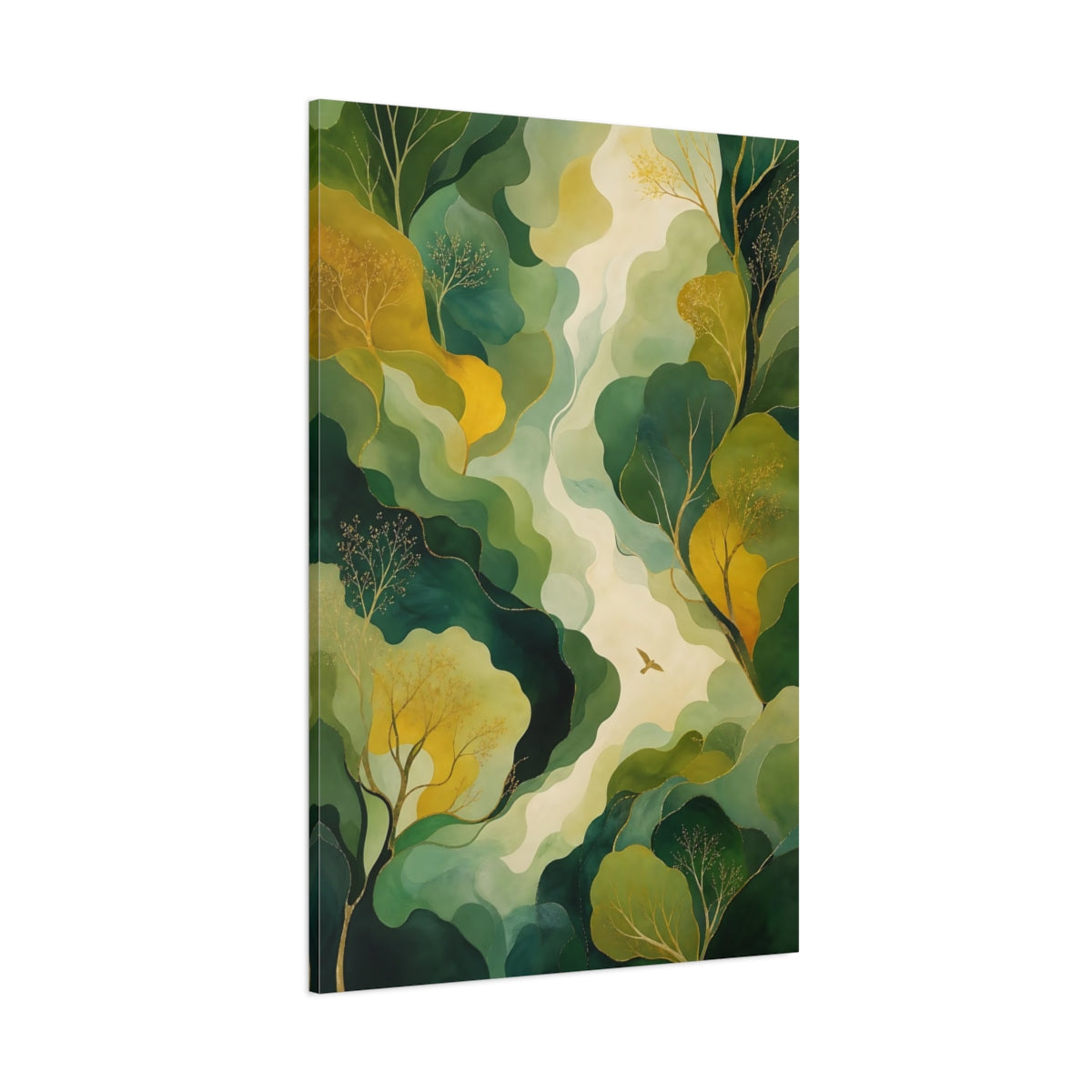 Side Mockup 1. Nature Forest Bird Green Gold Landscape shown as stretched canvas wall art
