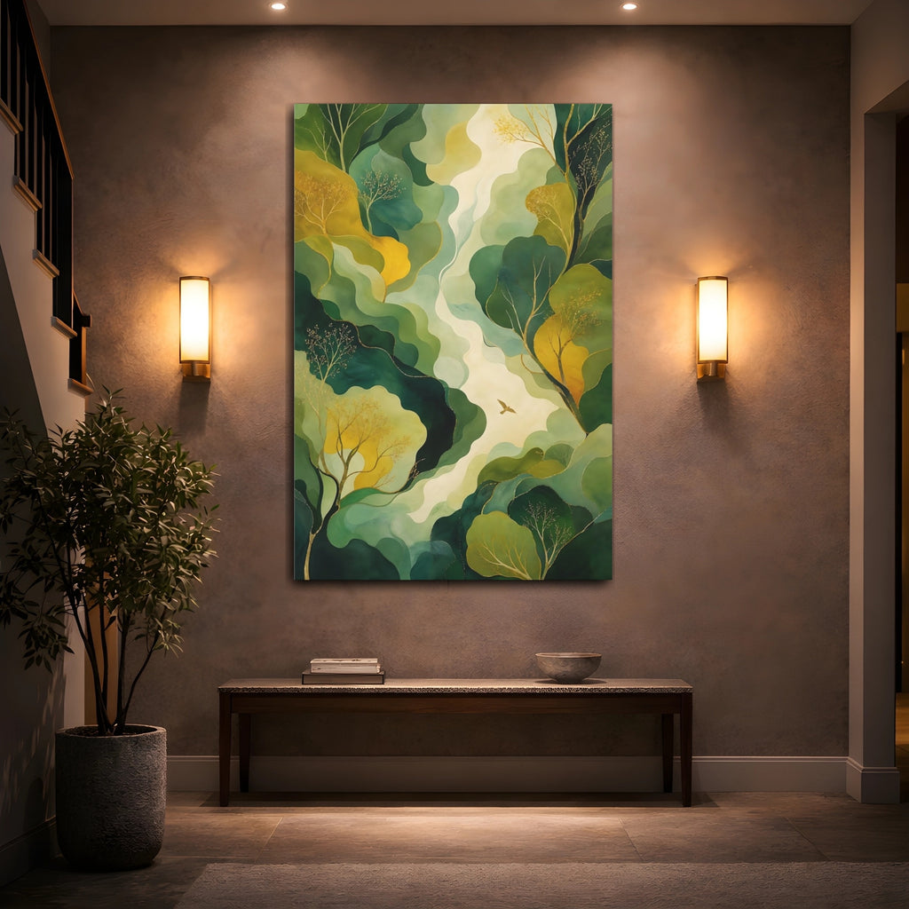 Mockup 2. Nature Forest Bird Green Gold Landscape shown as stretched canvas wall art