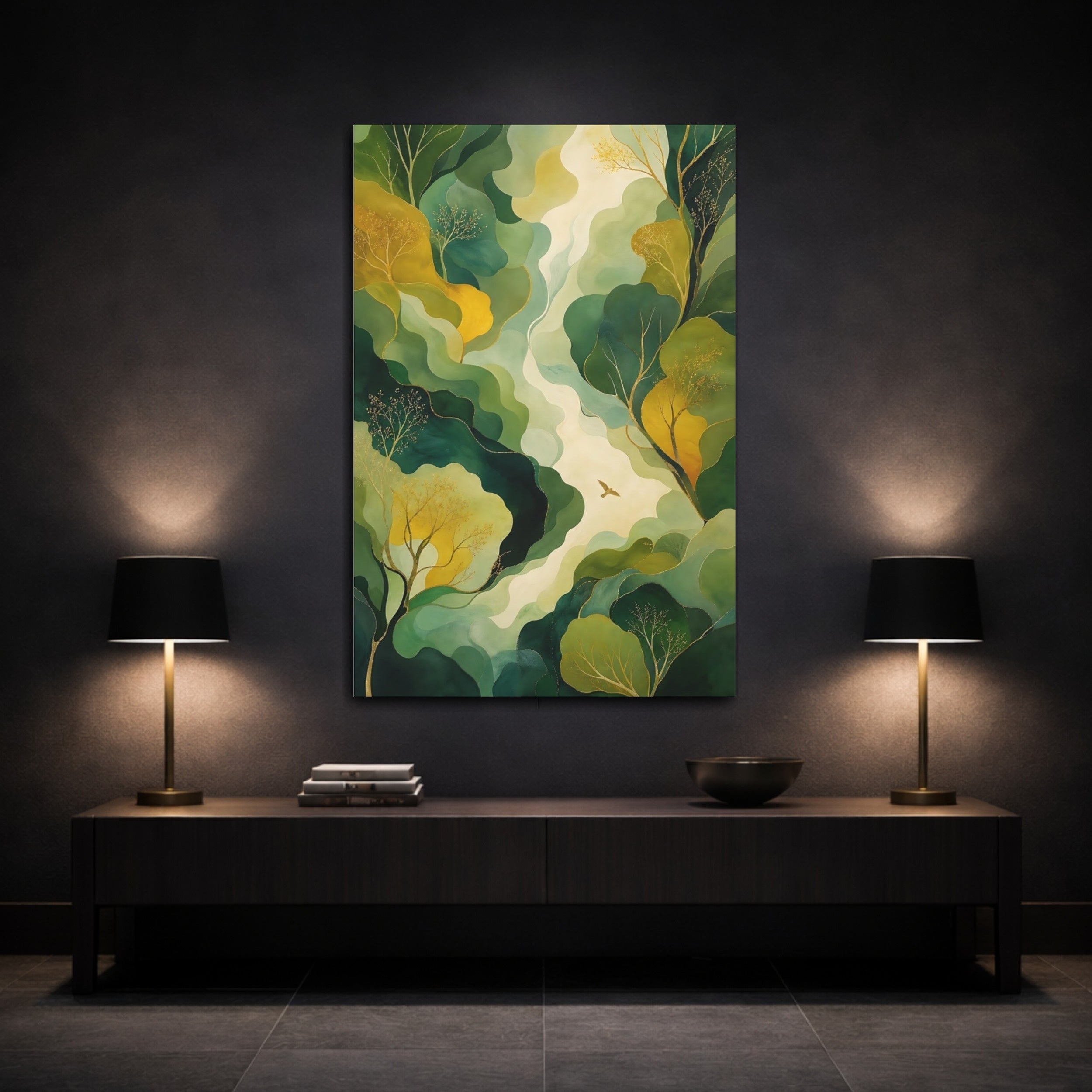Mockup 3. Nature Forest Bird Green Gold Landscape shown as stretched canvas wall art