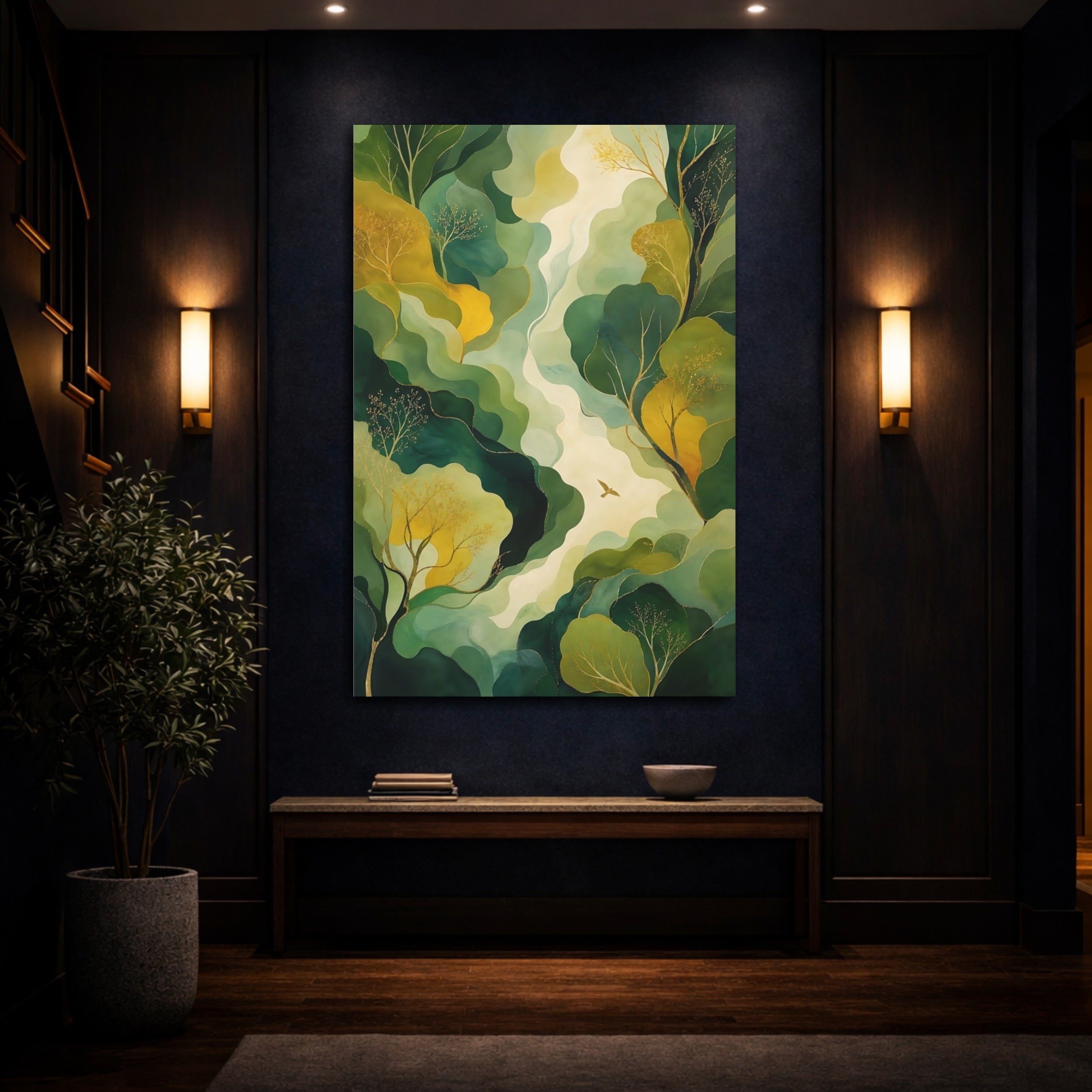 Mockup 4. Nature Forest Bird Green Gold Landscape shown as stretched canvas wall art