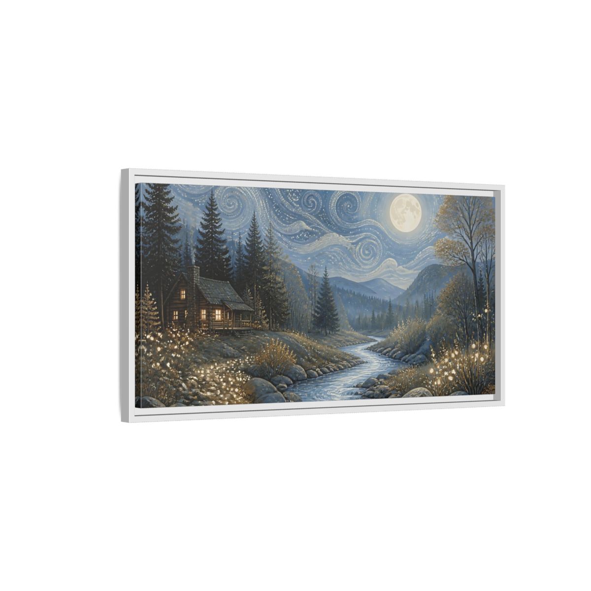 Side Mockup 1. Nature Forest Cabin Blue Gold Night shown as stretched canvas wall art