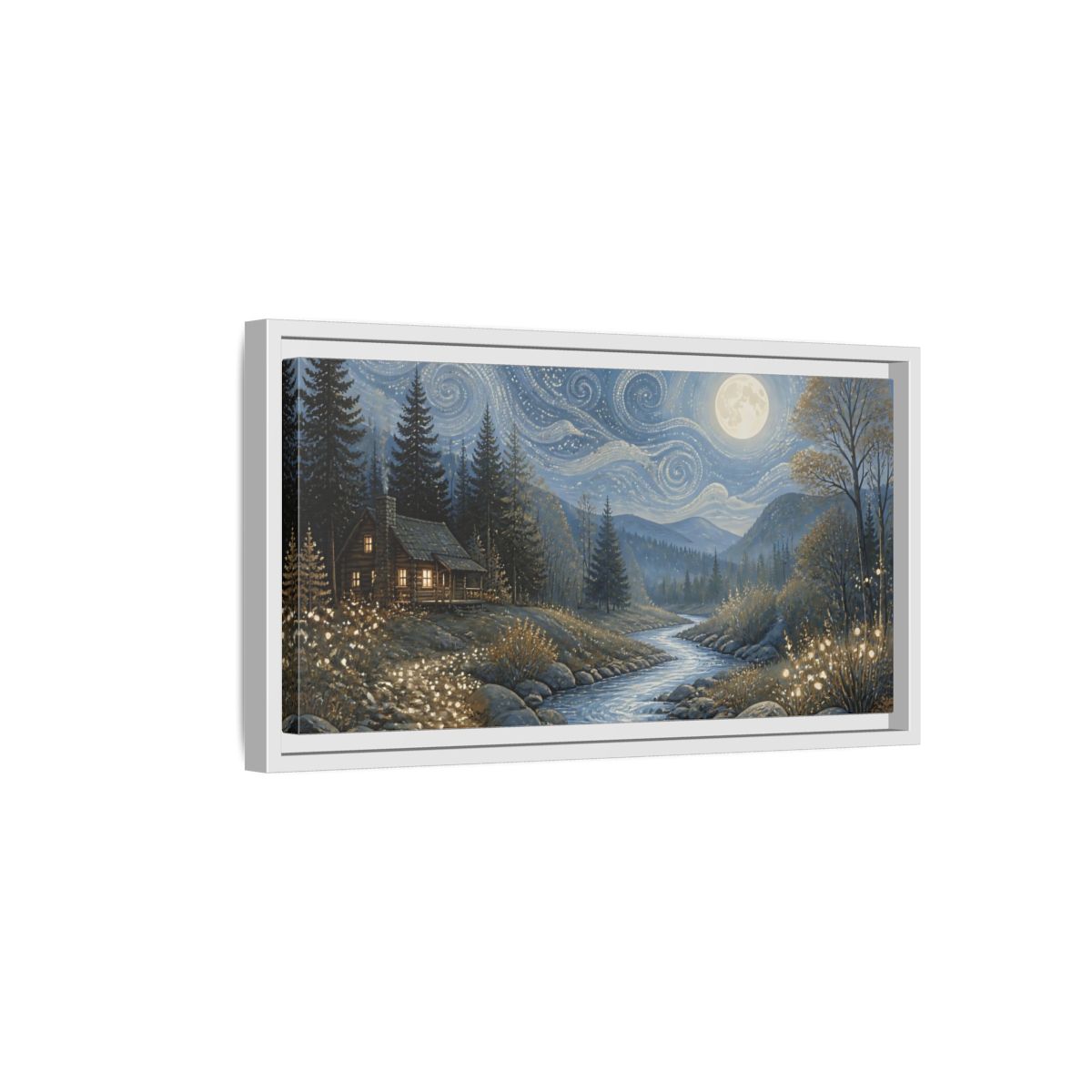 Side Mockup 6. Nature Forest Cabin Blue Gold Night shown as stretched canvas wall art