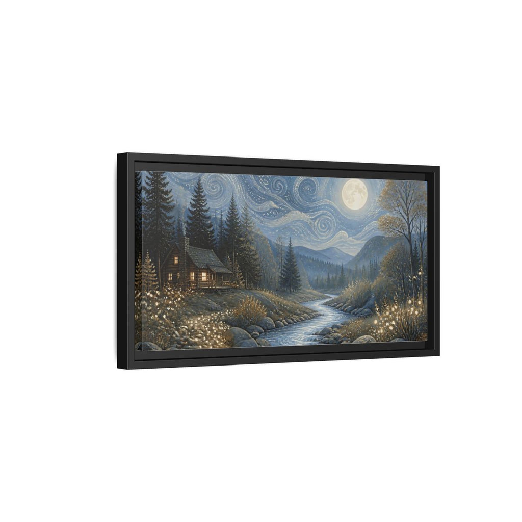Side Mockup 8. Nature Forest Cabin Blue Gold Night shown as stretched canvas wall art