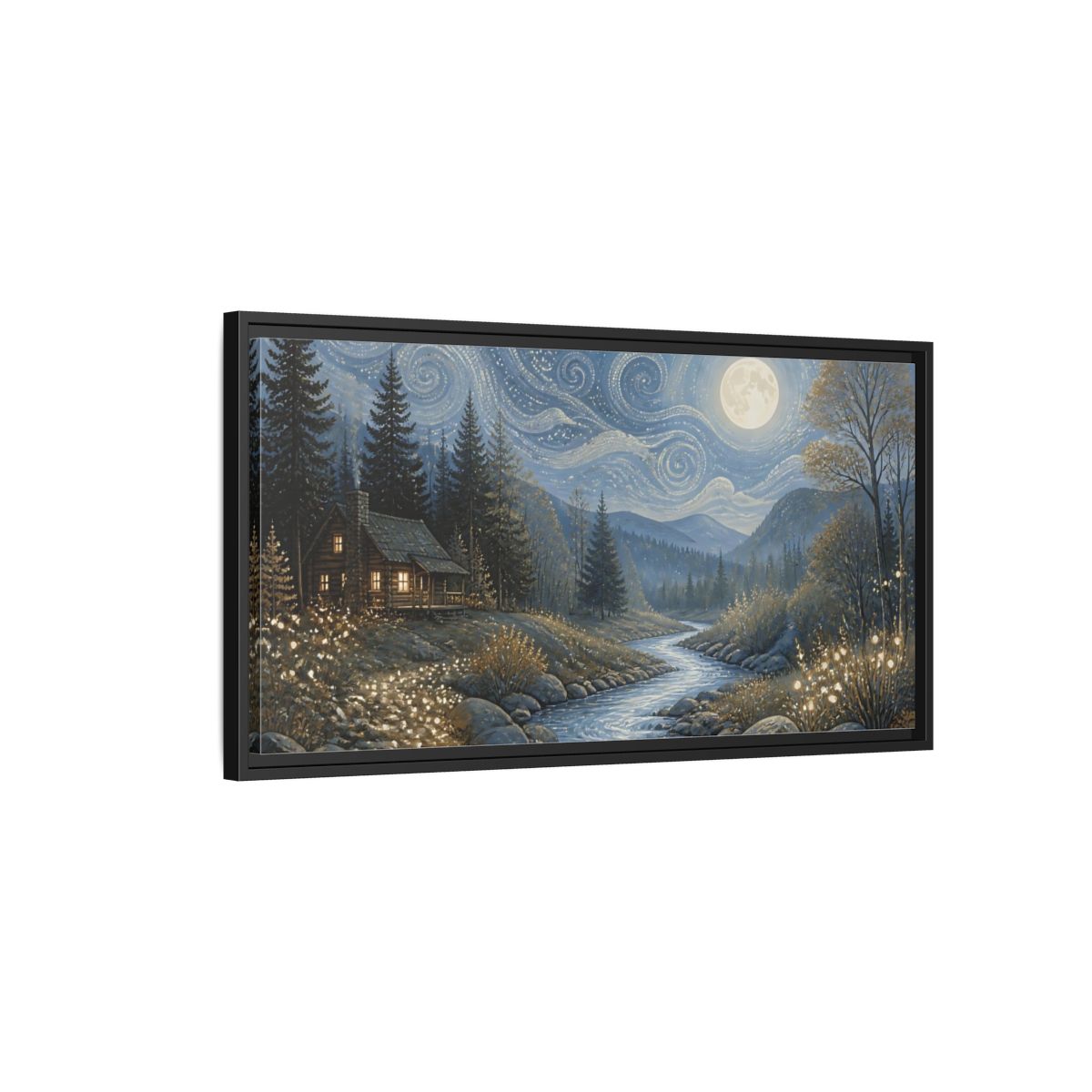 Side Mockup 2. Nature Forest Cabin Blue Gold Night shown as stretched canvas wall art