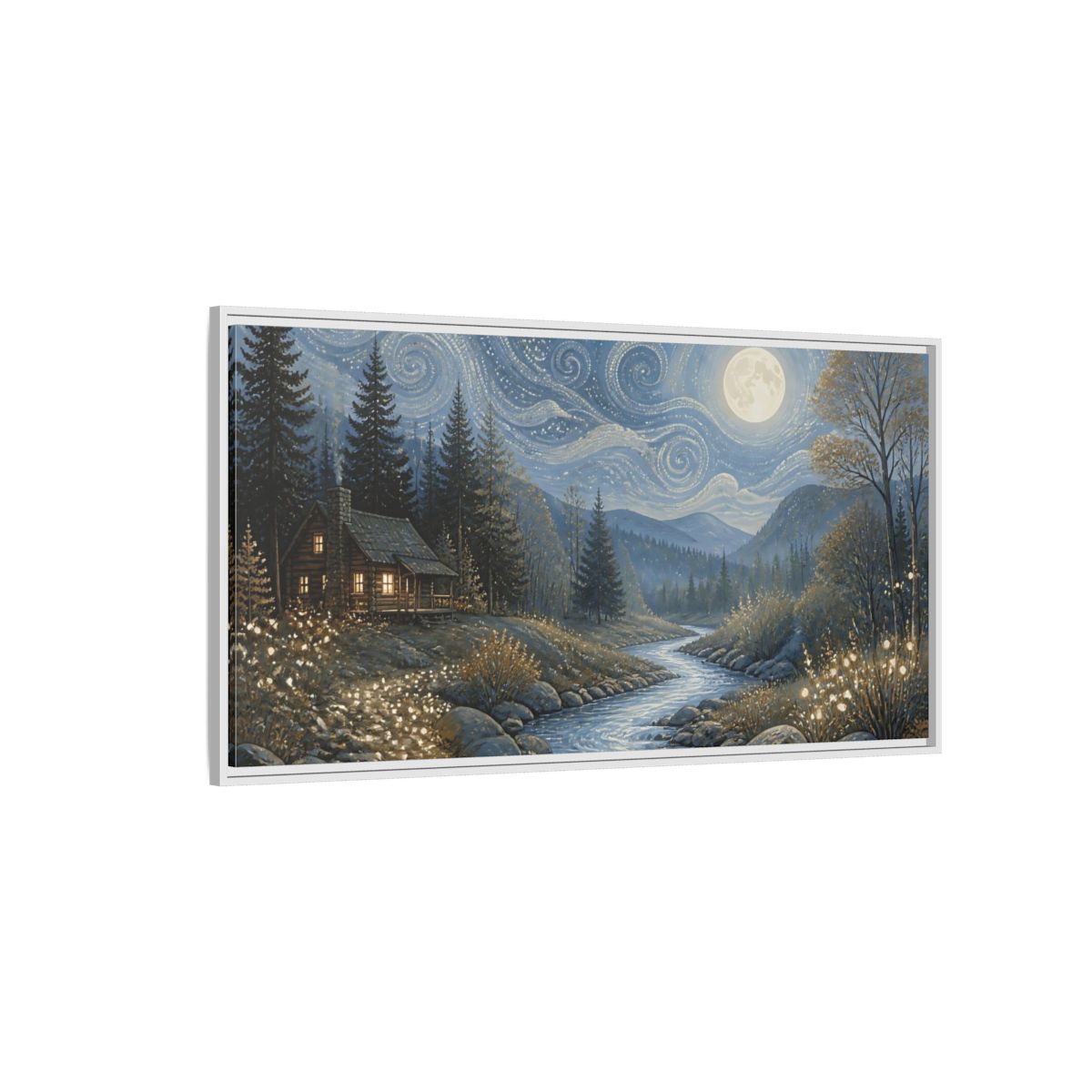 Side Mockup 3. Nature Forest Cabin Blue Gold Night shown as stretched canvas wall art