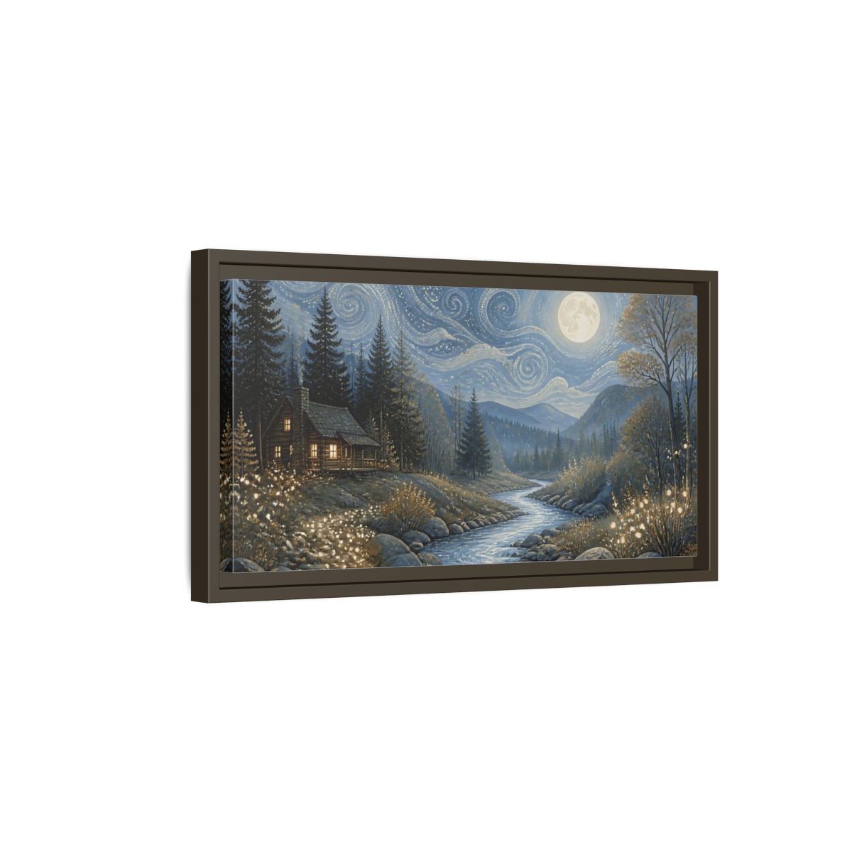 Side Mockup 7. Nature Forest Cabin Blue Gold Night shown as stretched canvas wall art