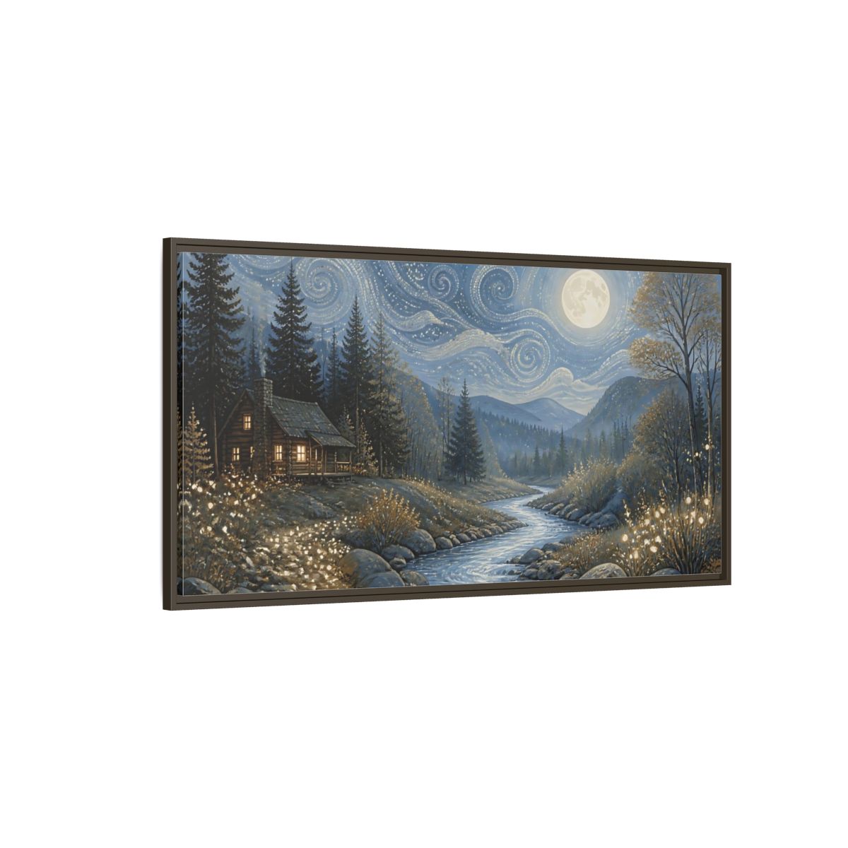 Side Mockup 4. Nature Forest Cabin Blue Gold Night shown as stretched canvas wall art