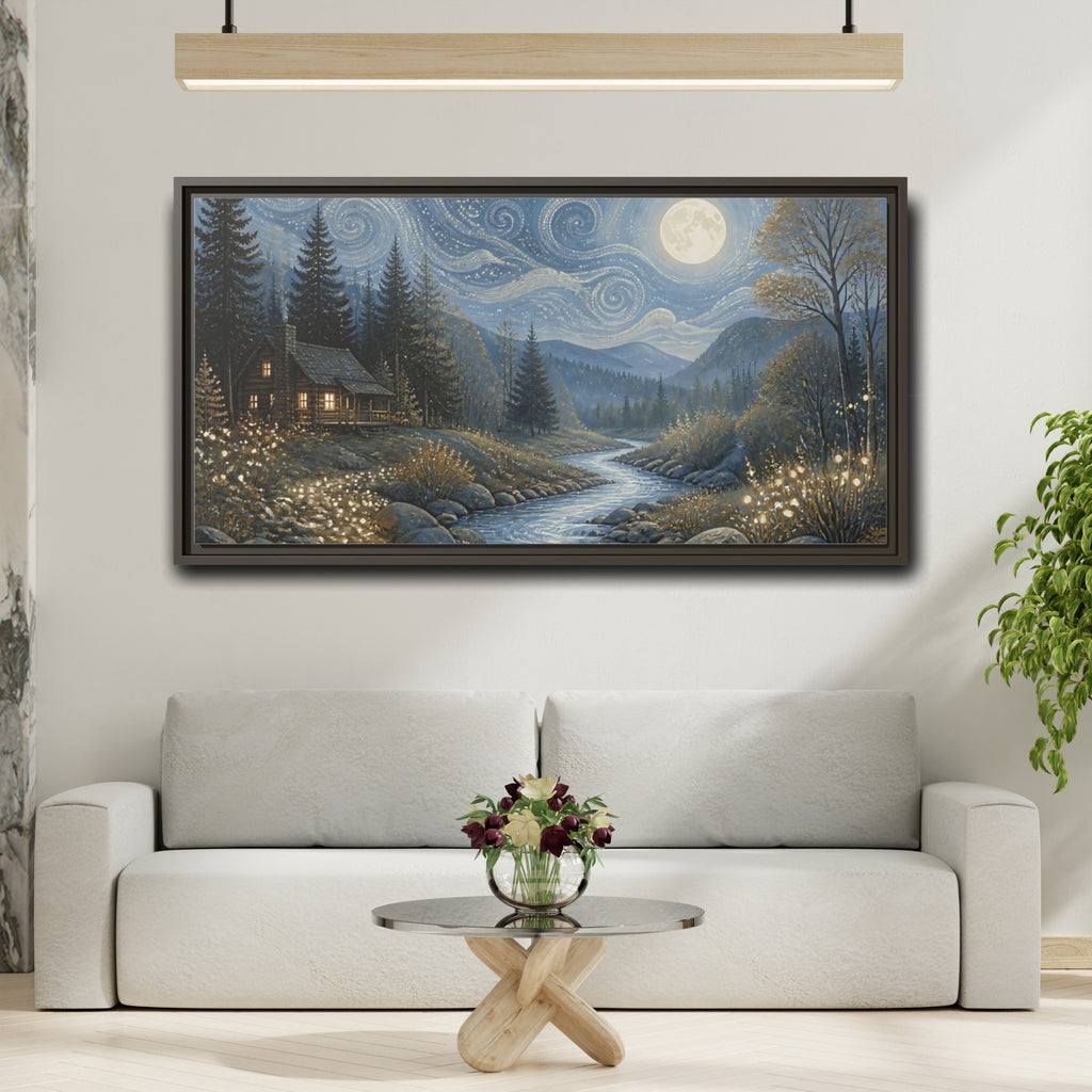 Mockup 2. Nature Forest Cabin Blue Gold Night shown as stretched canvas wall art