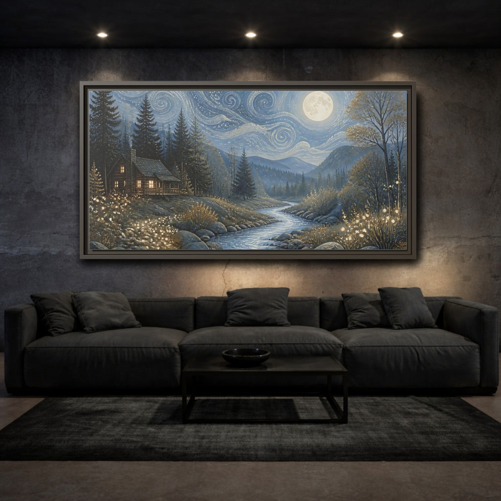 Mockup 3. Nature Forest Cabin Blue Gold Night shown as stretched canvas wall art