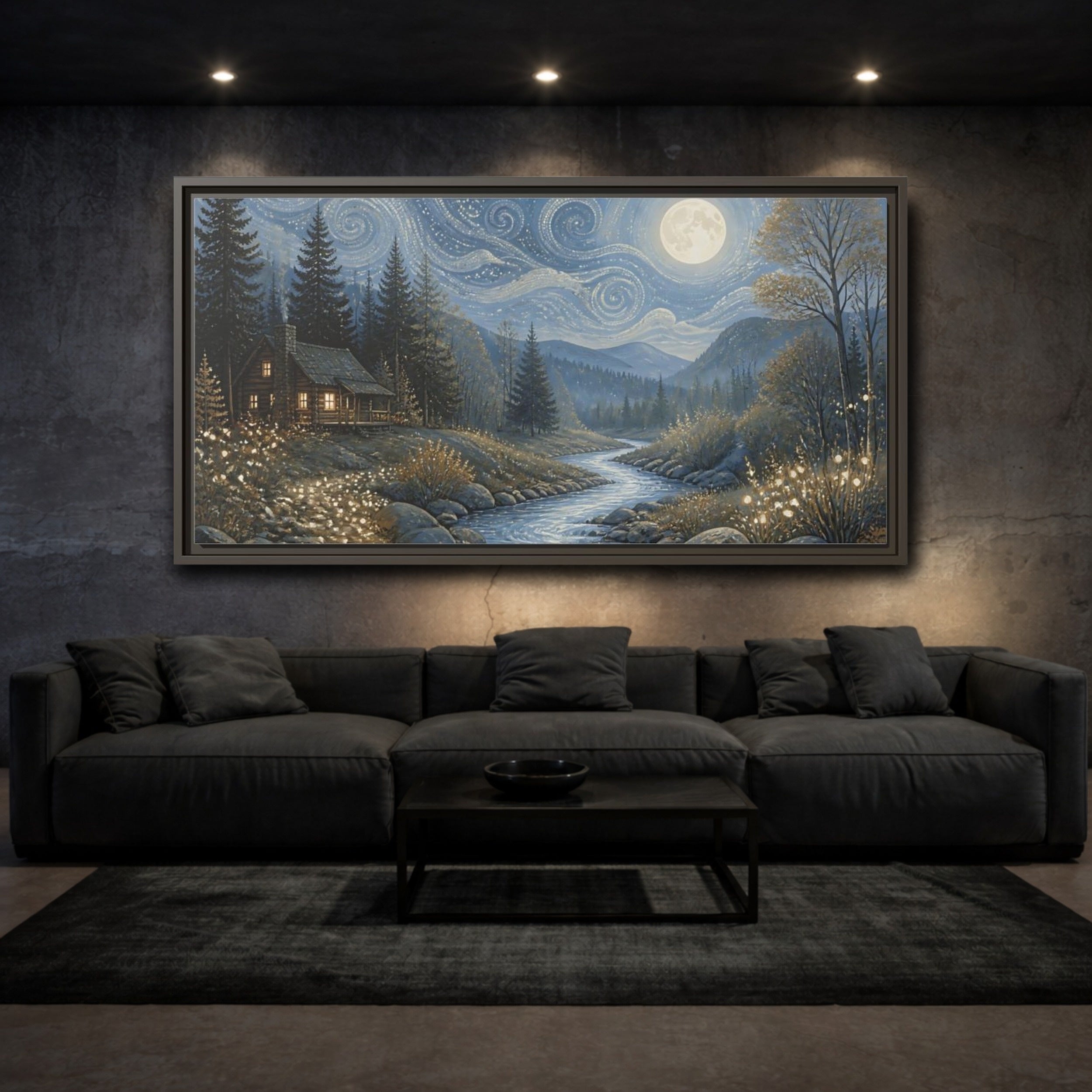 Mockup 3. Nature Forest Cabin Blue Gold Night shown as stretched canvas wall art