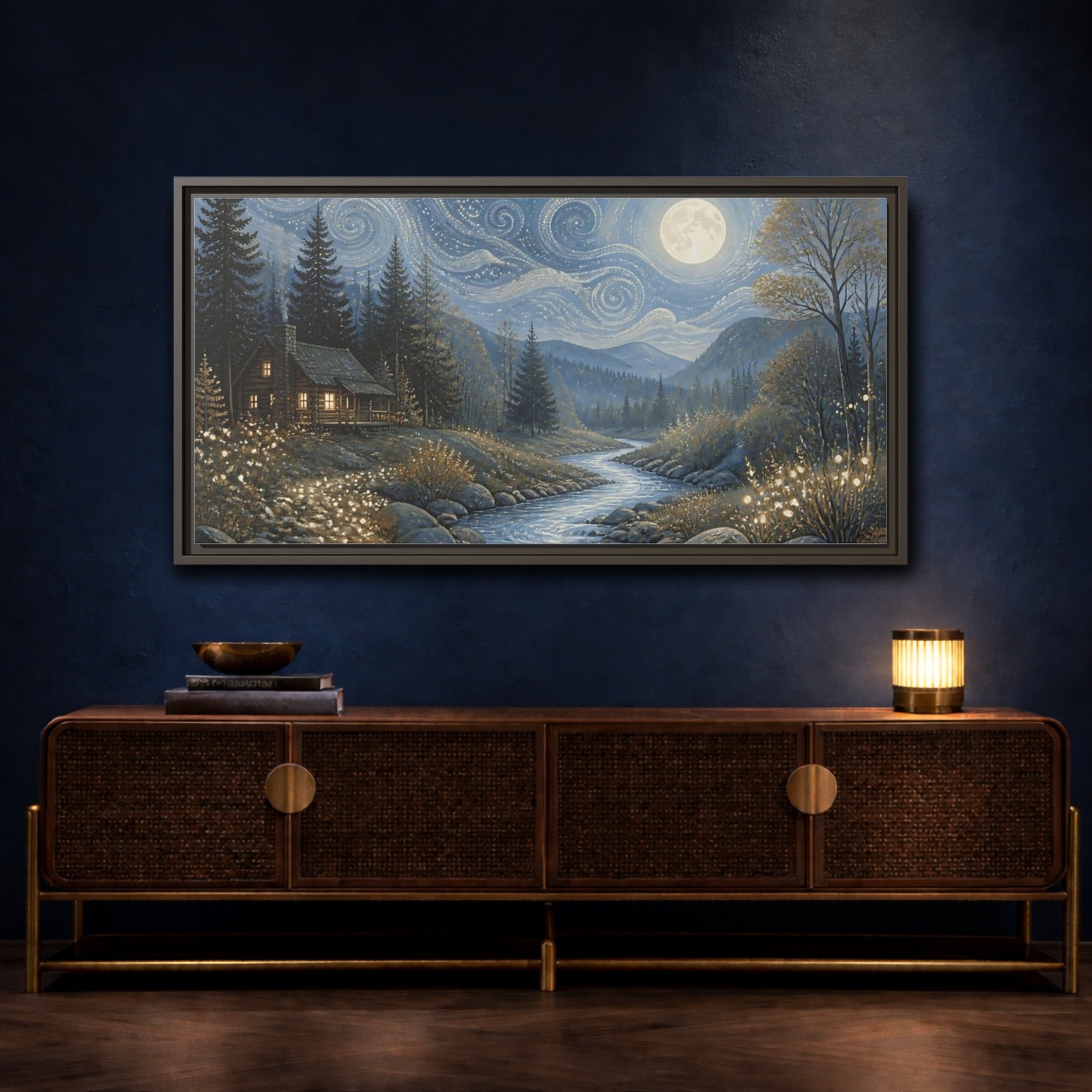 Mockup 4. Nature Forest Cabin Blue Gold Night shown as stretched canvas wall art