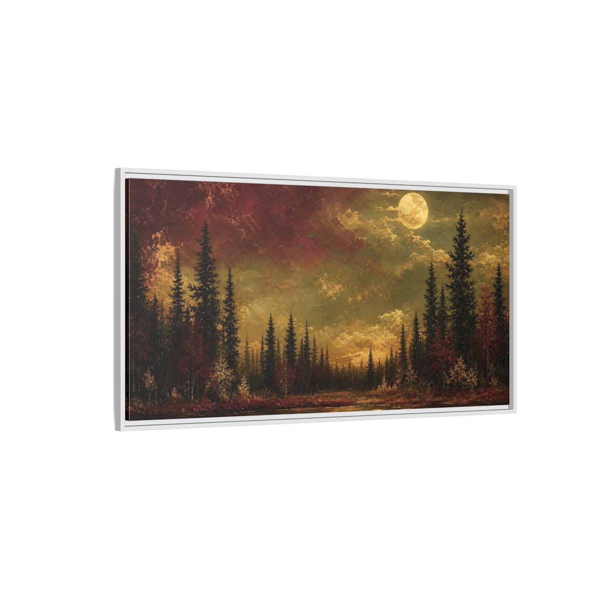 Side Mockup 3. Nature Forest Lake Red And Gold shown as stretched canvas wall art