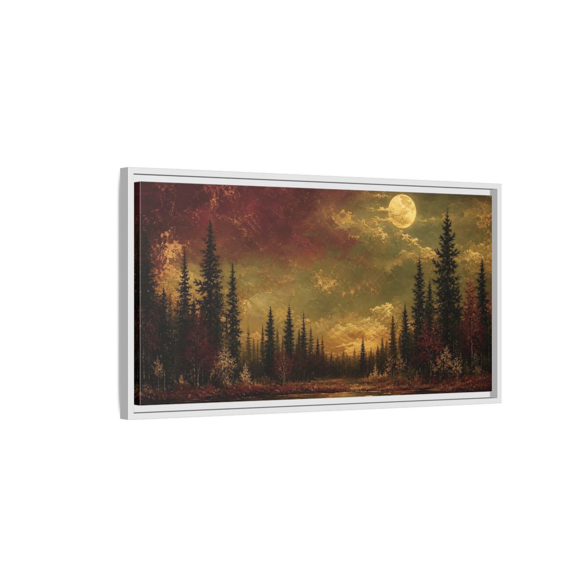 Side Mockup 1. Nature Forest Lake Red And Gold shown as stretched canvas wall art