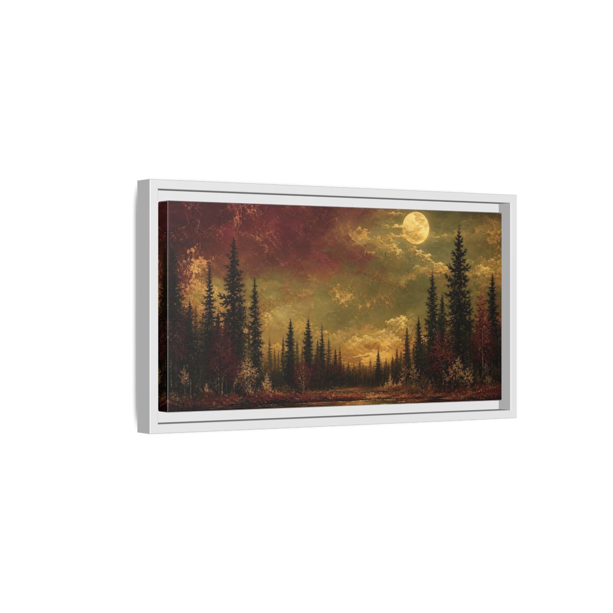 Side Mockup 6. Nature Forest Lake Red And Gold shown as stretched canvas wall art