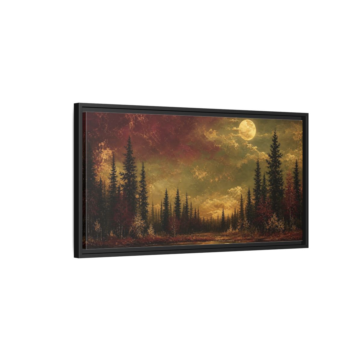 Side Mockup 2. Nature Forest Lake Red And Gold shown as stretched canvas wall art