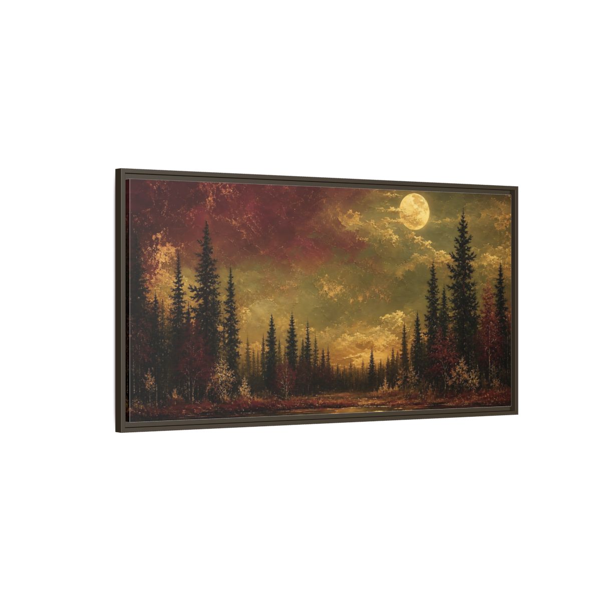 Side Mockup 4. Nature Forest Lake Red And Gold shown as stretched canvas wall art